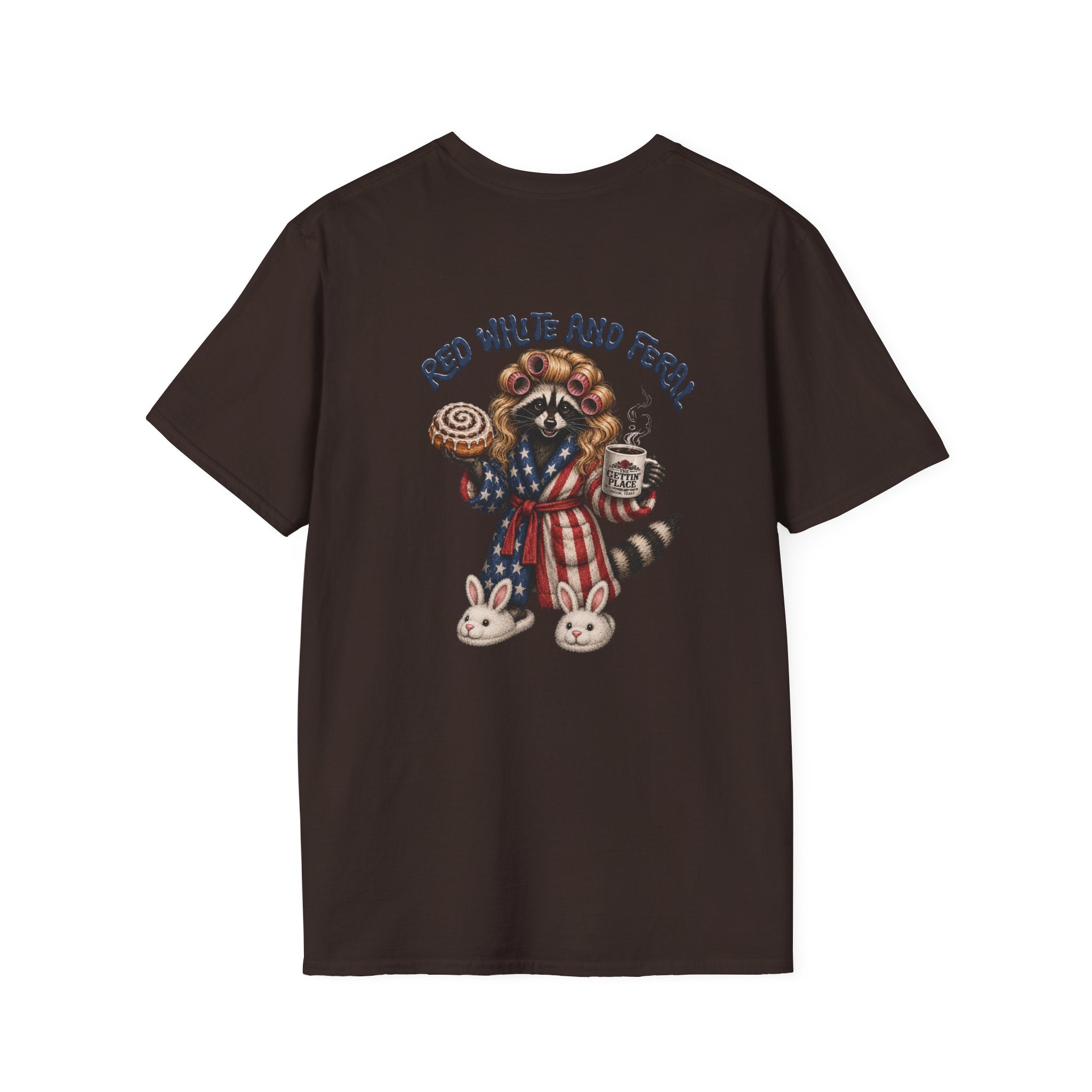 Patriotic Raccoon T-Shirt — "Red White and Feral" with Bunny Slippers, Americana Tee