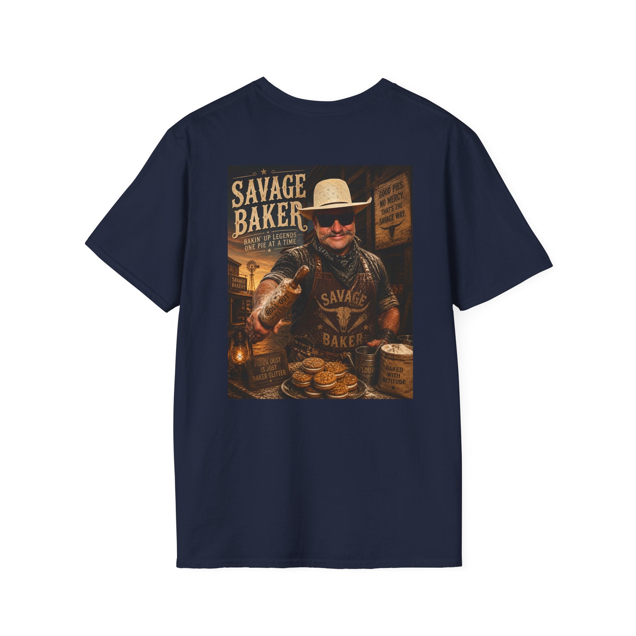Savage Baker Western Graphic T-Shirt — Retro Bakery Logo & Vintage Chef Poster Tee