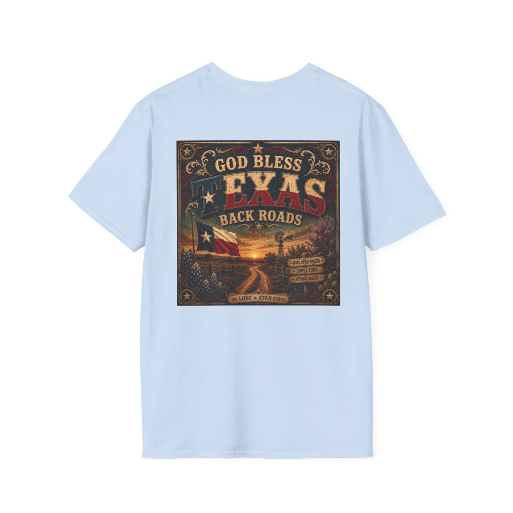 Texas Back Roads T-Shirt — "God Bless Texas Backroads" Vintage Sunset Graphic. Liberty Rose Ranch