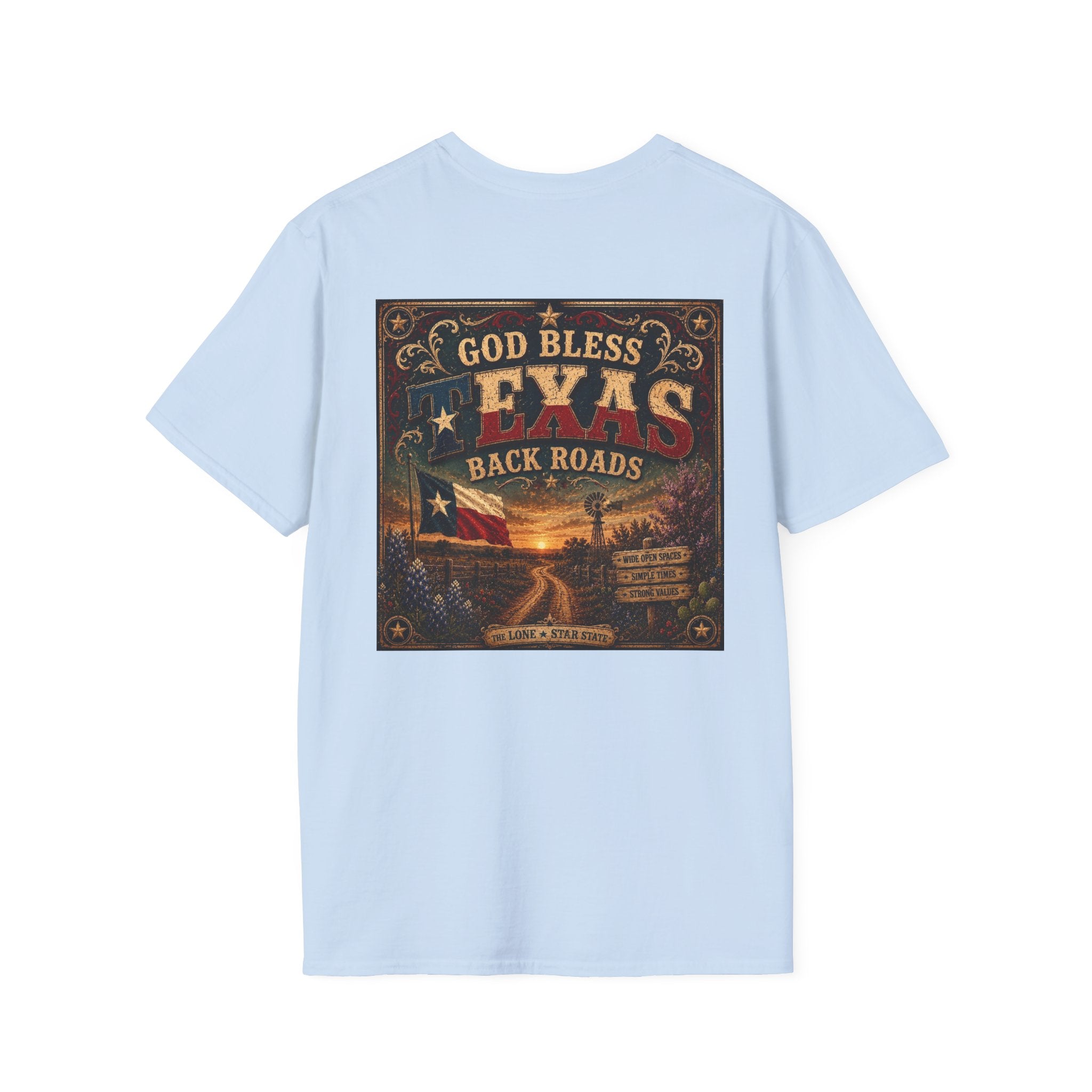 Texas Back Roads T-Shirt — "God Bless Texas Backroads" Vintage Sunset Graphic. Liberty Rose Ranch