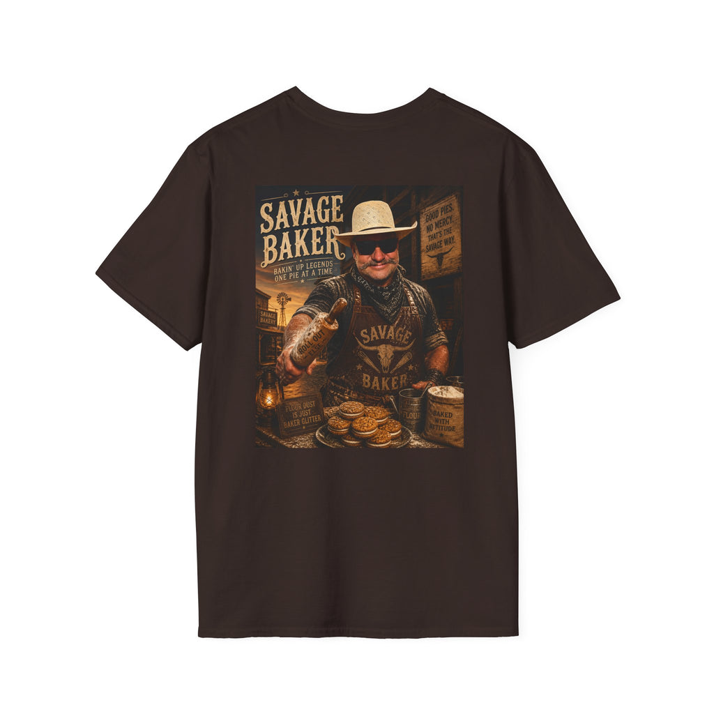 Savage Baker Western Graphic T-Shirt — Retro Bakery Logo & Vintage Chef Poster Tee
