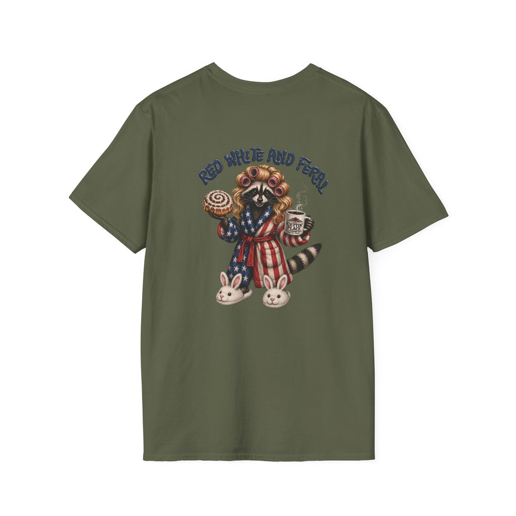 Patriotic Raccoon T-Shirt — "Red White and Feral" with Bunny Slippers, Americana Tee