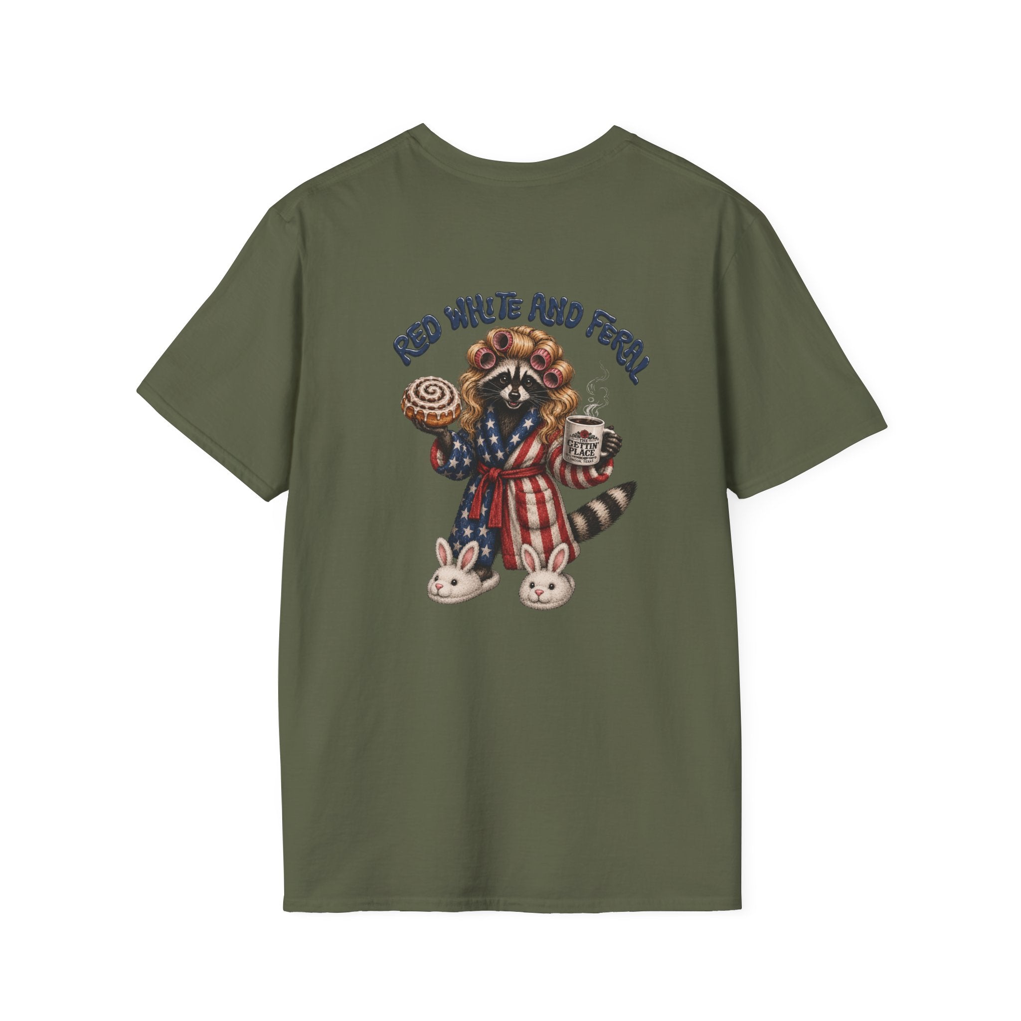 Patriotic Raccoon T-Shirt — "Red White and Feral" with Bunny Slippers, Americana Tee
