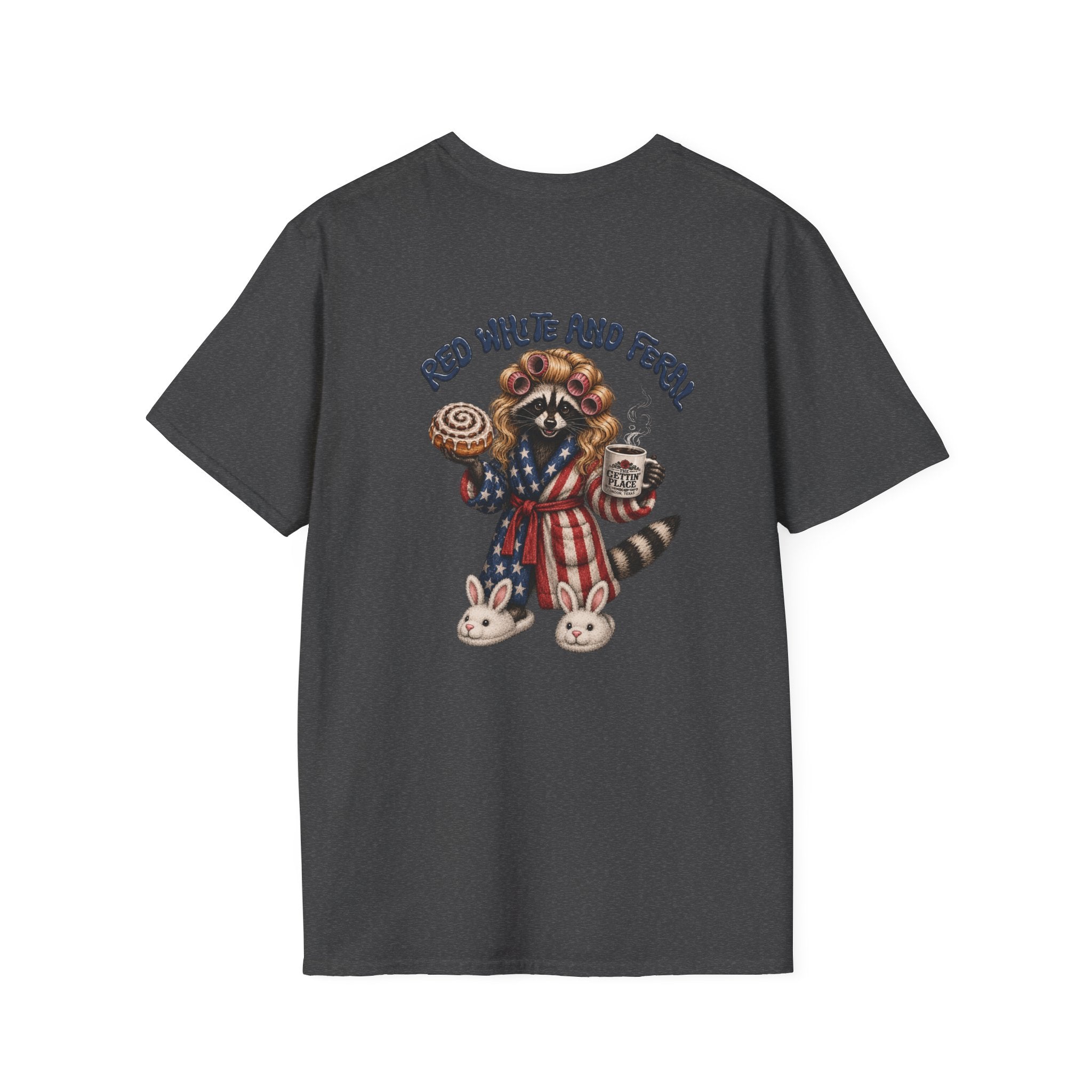 Patriotic Raccoon T-Shirt — "Red White and Feral" with Bunny Slippers, Americana Tee