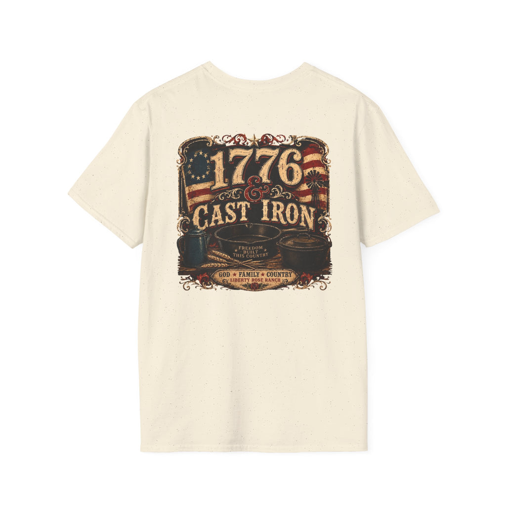 1776 Cast Iron T-Shirt – Vintage American Flag Grill/Fishing Cooking Tee