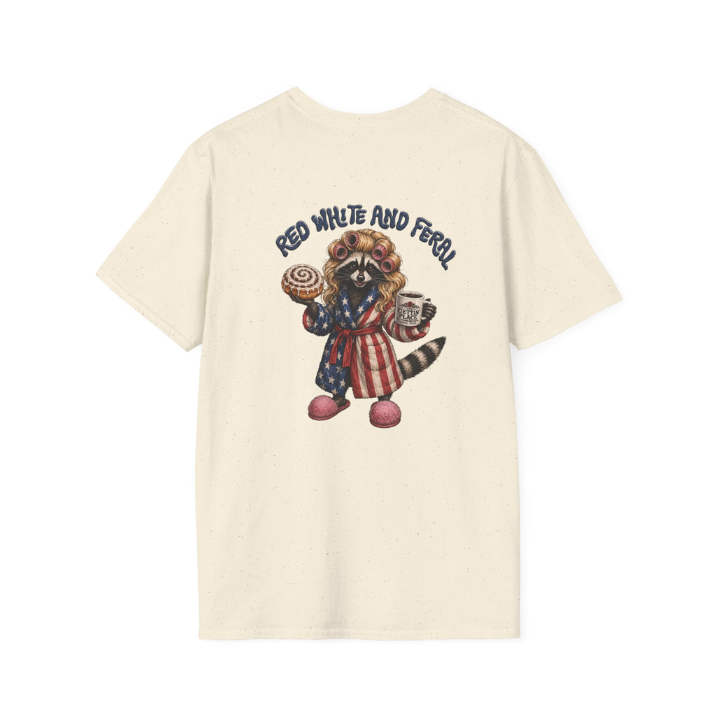 Patriotic Raccoon T-Shirt – "Red White and Ferrel" Pink Fuzzy Slippers, Americana Graphic Tee