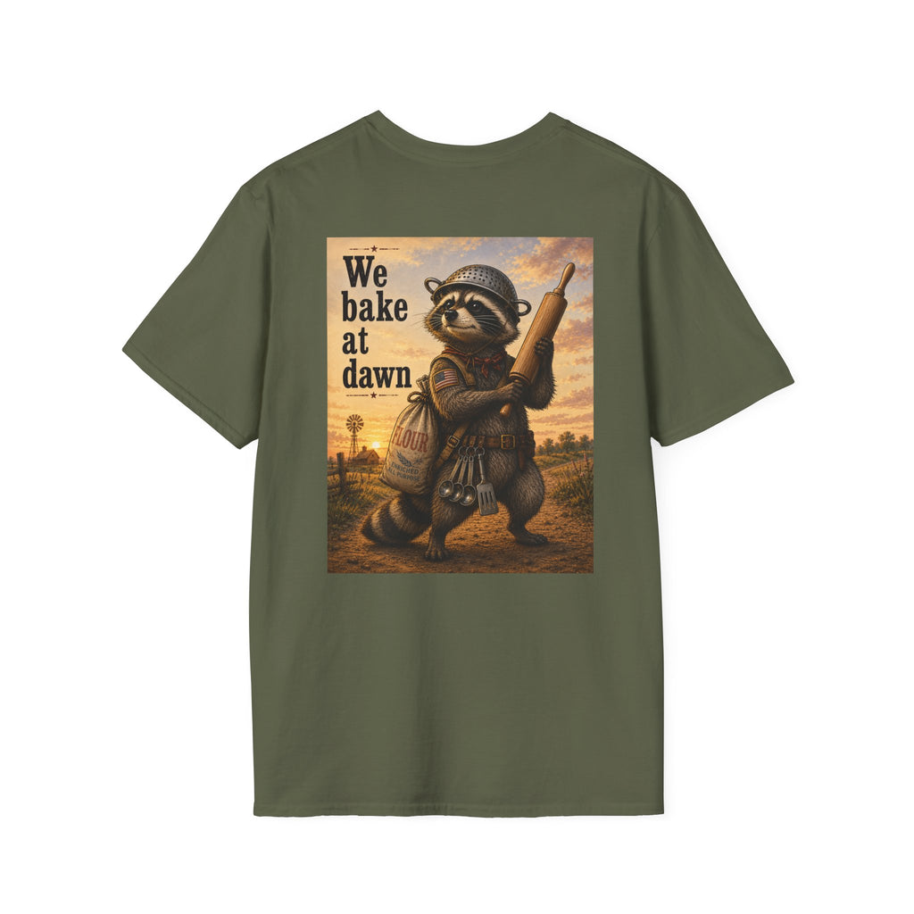 Baker Raccoon T-Shirt — "We Bake at Dawn" Vintage Bakery Graphic Tee