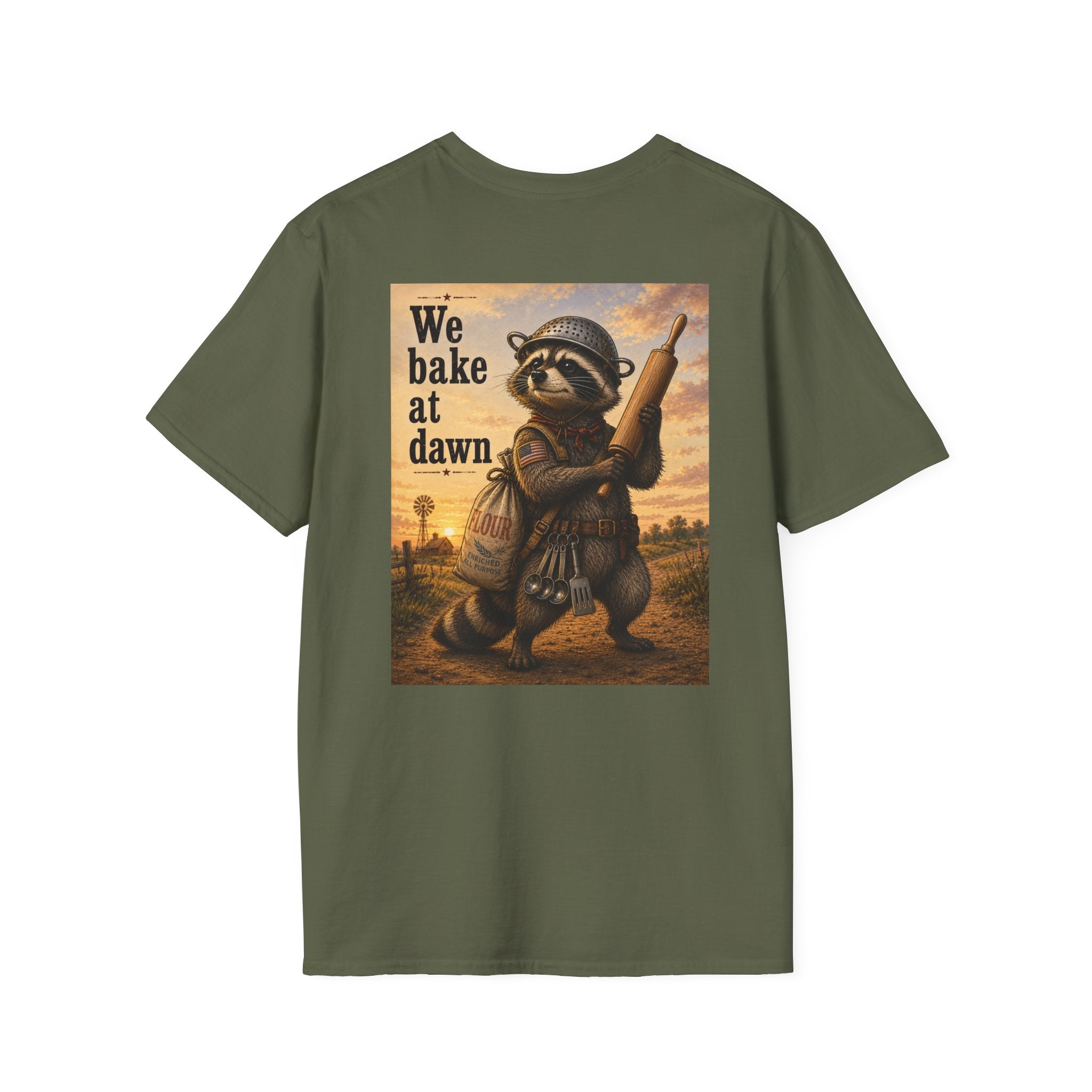 Baker Raccoon T-Shirt — "We Bake at Dawn" Vintage Bakery Graphic Tee