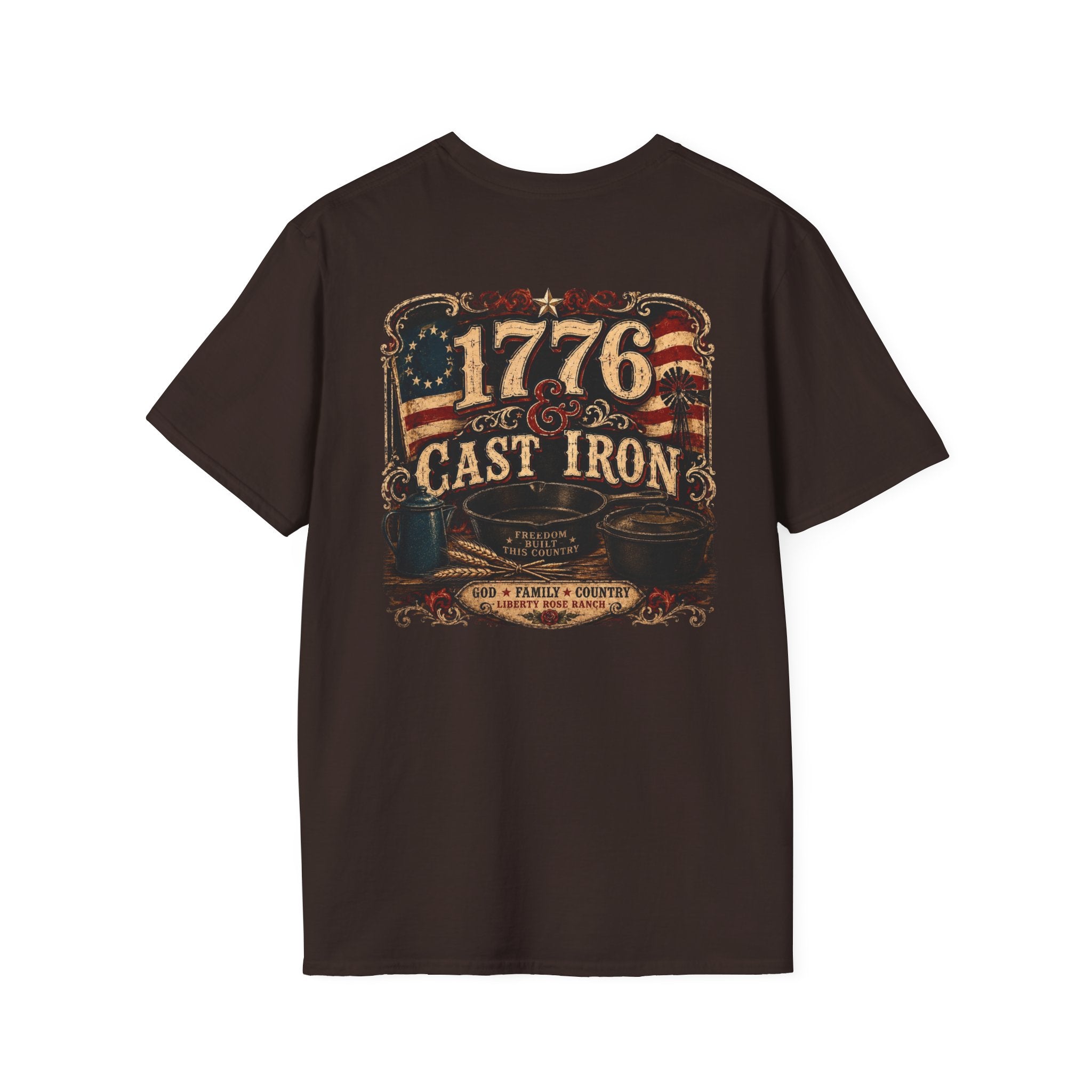 1776 Cast Iron T-Shirt – Vintage American Flag Grill/Fishing Cooking Tee