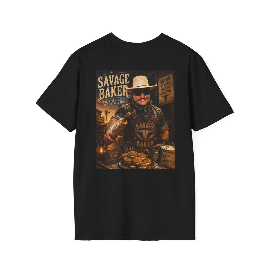 Savage Baker Western Graphic T-Shirt — Retro Bakery Logo & Vintage Chef Poster Tee