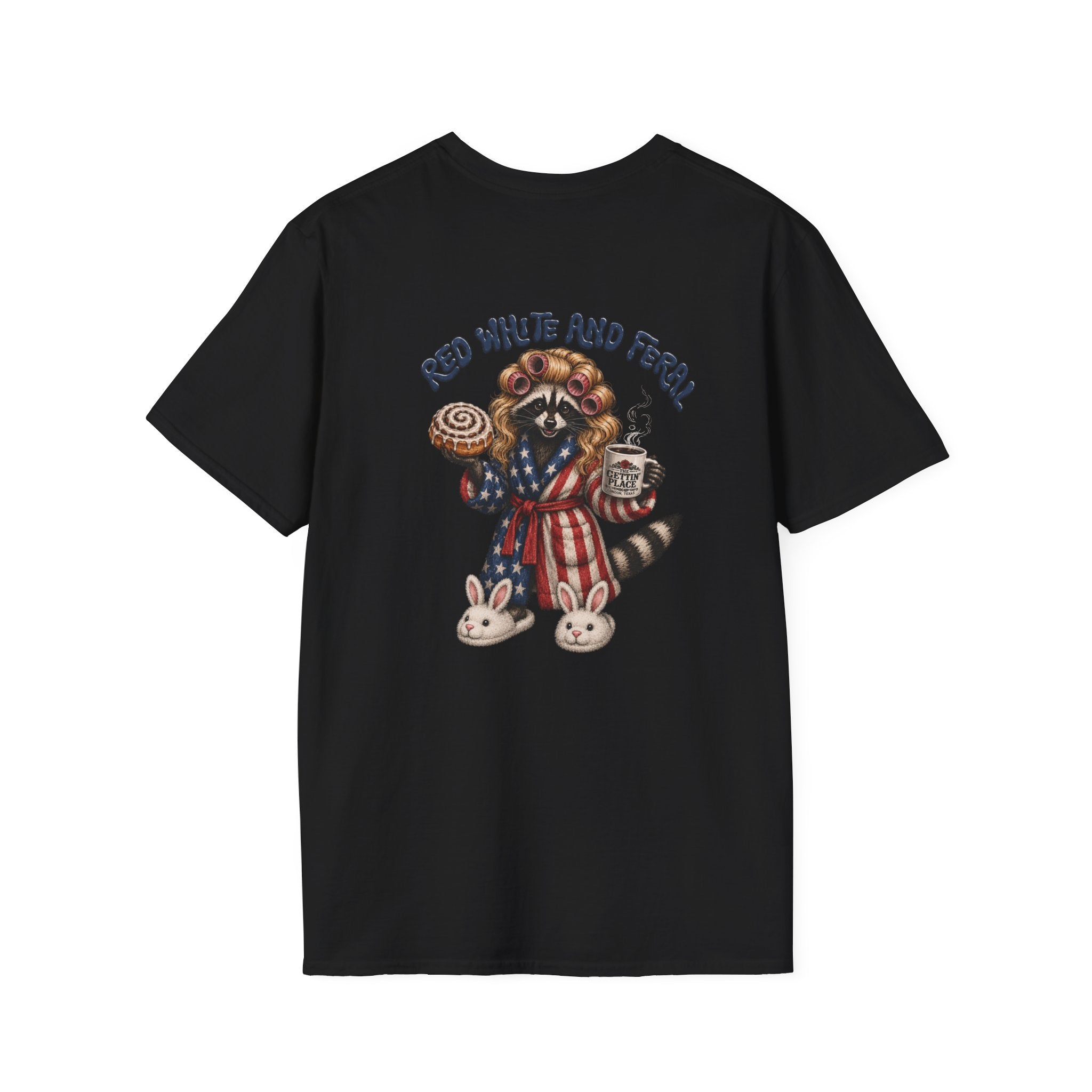 Patriotic Raccoon T-Shirt — "Red White and Feral" with Bunny Slippers, Americana Tee