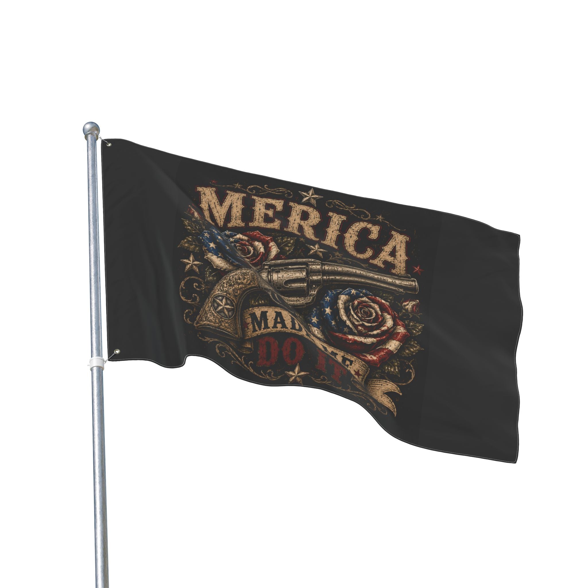'Merica Made Me Do It' Double-Sided Flag — Patriotic Revolver Design