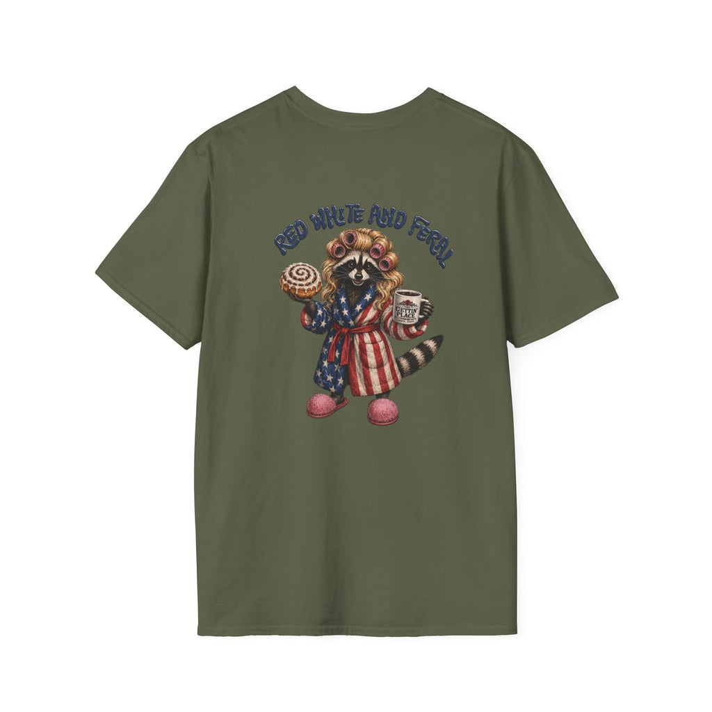 Patriotic Raccoon T-Shirt – "Red White and Ferrel" Pink Fuzzy Slippers, Americana Graphic Tee