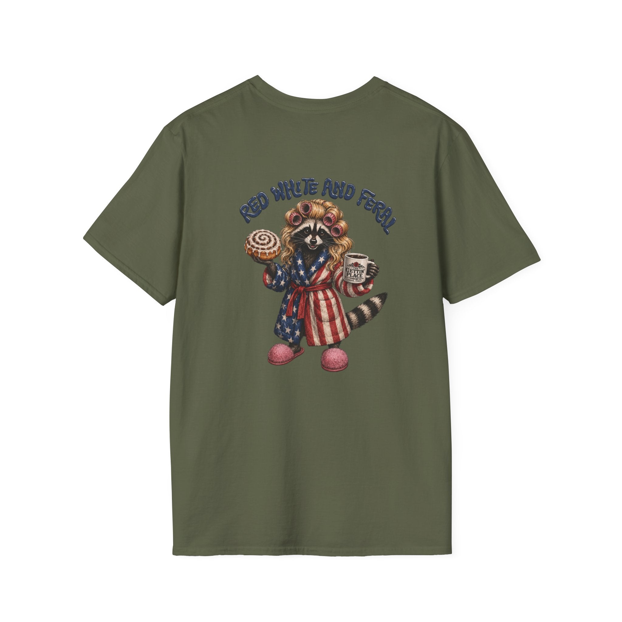 Patriotic Raccoon T-Shirt – "Red White and Ferrel" Pink Fuzzy Slippers, Americana Graphic Tee