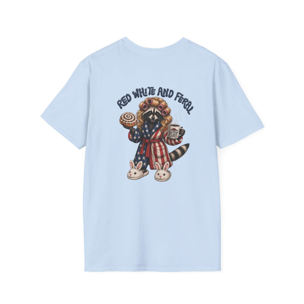Patriotic Raccoon T-Shirt — "Red White and Feral" with Bunny Slippers, Americana Tee