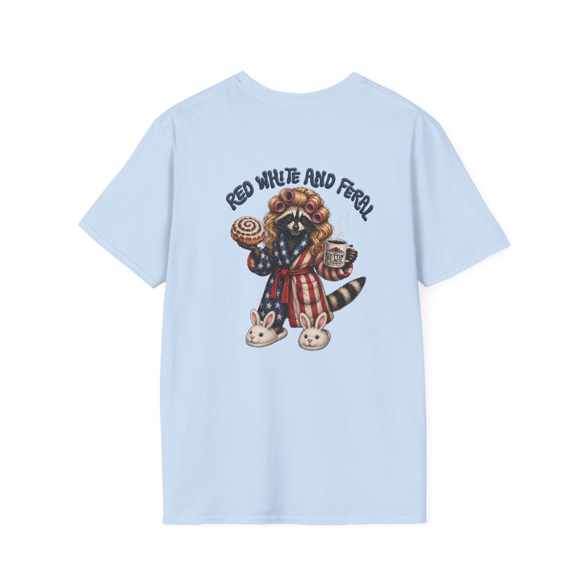 Patriotic Raccoon T-Shirt — "Red White and Feral" with Bunny Slippers, Americana Tee