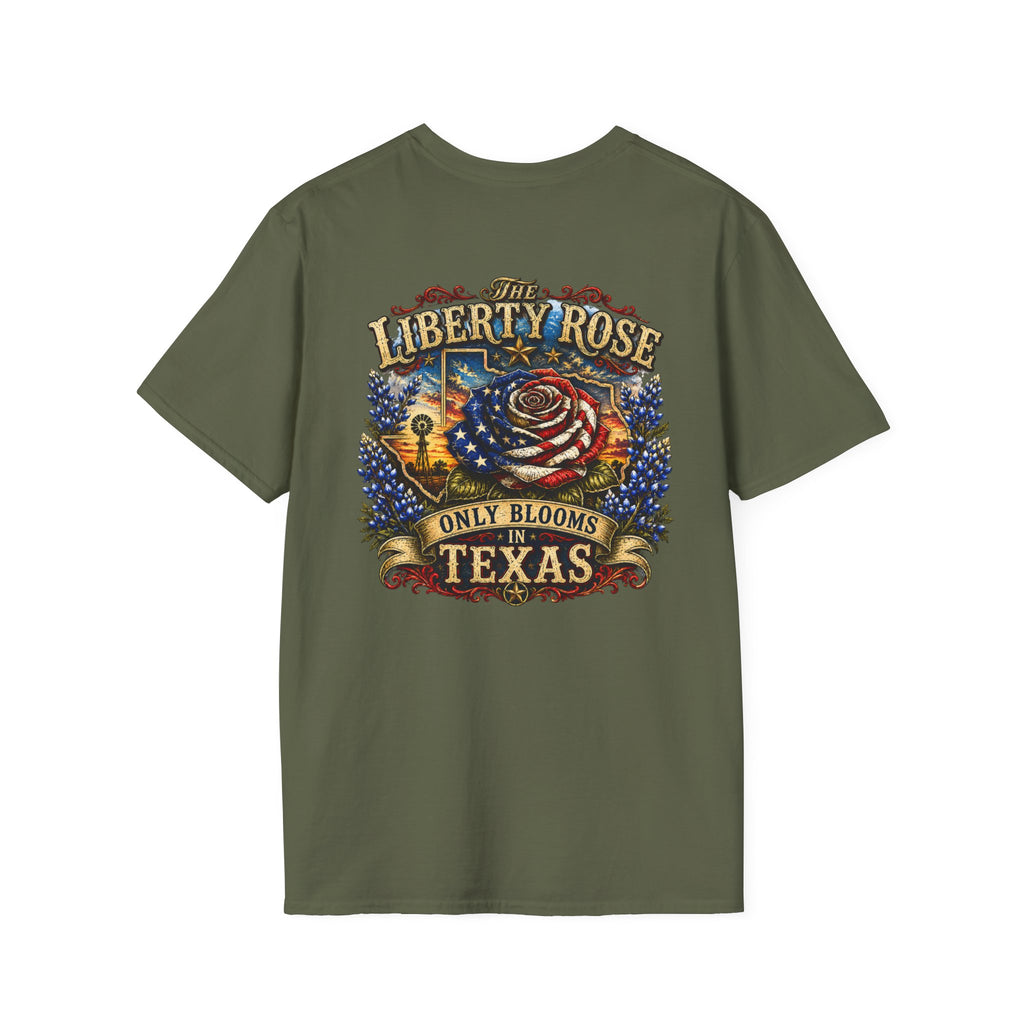 Liberty Rose T-Shirt — "The Liberty Rose Only Blooms in Texas" Patriotic Floral Tee No Background