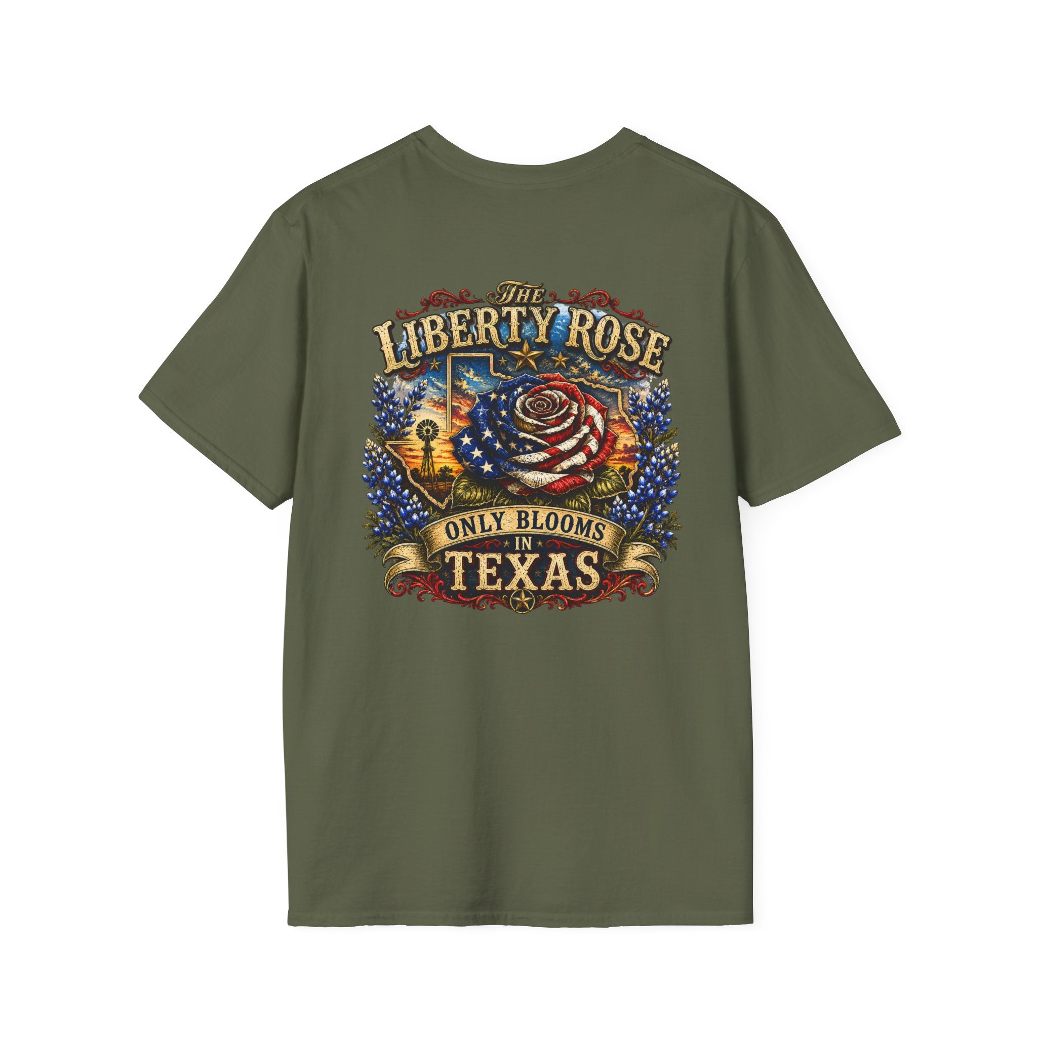 Liberty Rose T-Shirt — "The Liberty Rose Only Blooms in Texas" Patriotic Floral Tee No Background