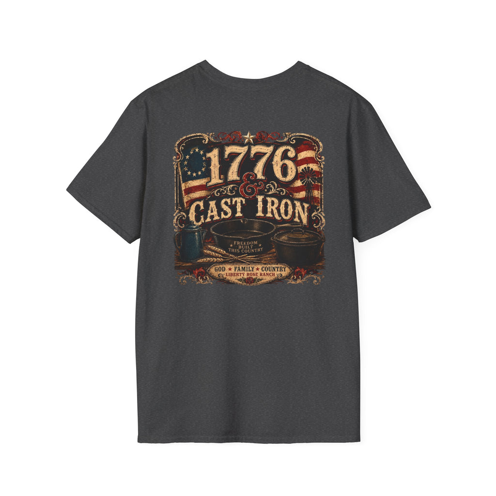 1776 Cast Iron T-Shirt – Vintage American Flag Grill/Fishing Cooking Tee