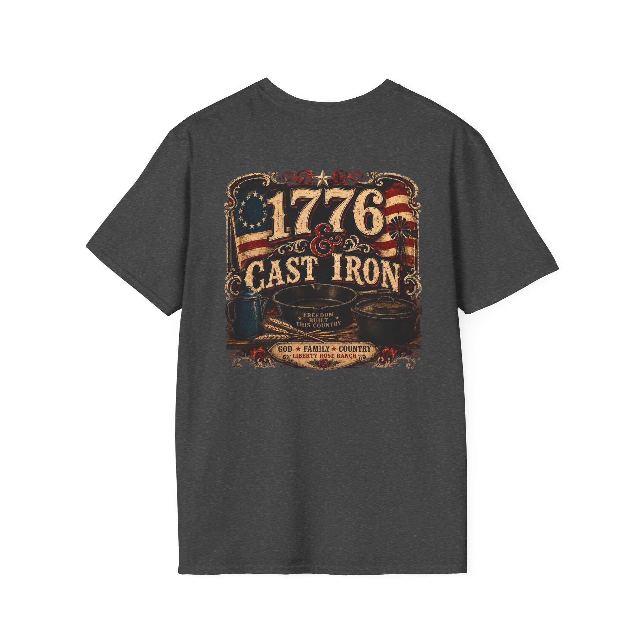 1776 Cast Iron T-Shirt – Vintage American Flag Grill/Fishing Cooking Tee