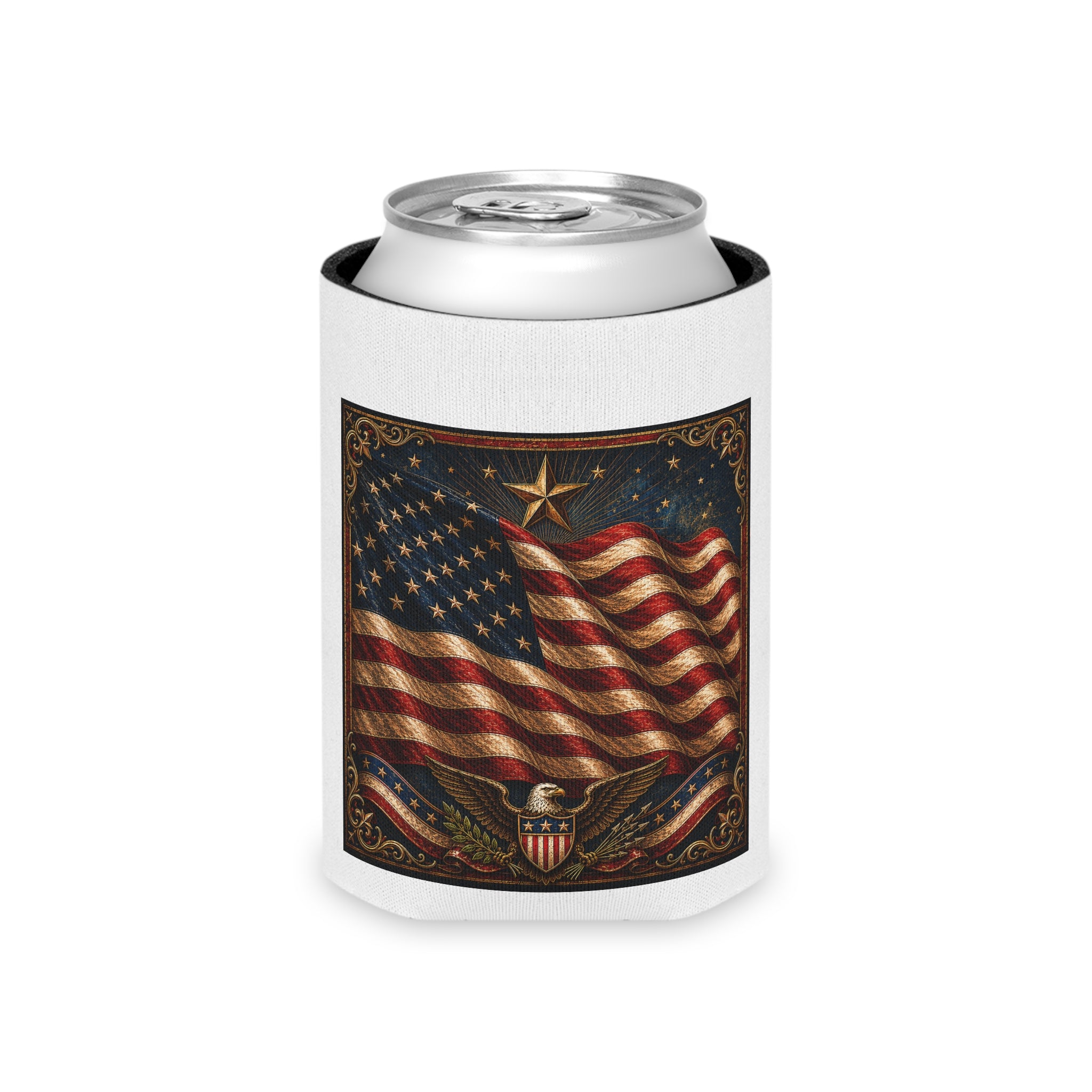 Patriotic Can Cooler — American Flag & Liberty Rose Ranch Beer Koozie