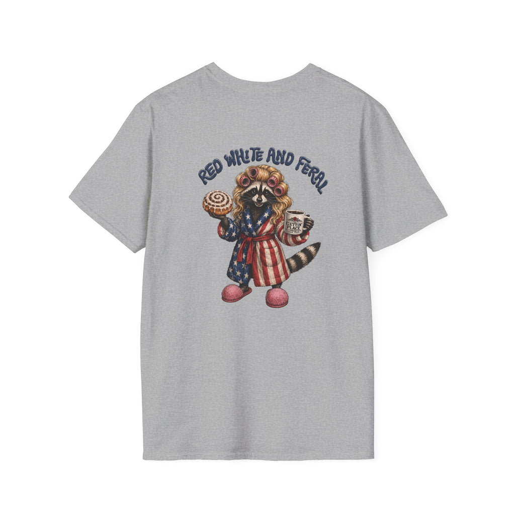 Patriotic Raccoon T-Shirt – "Red White and Ferrel" Pink Fuzzy Slippers, Americana Graphic Tee