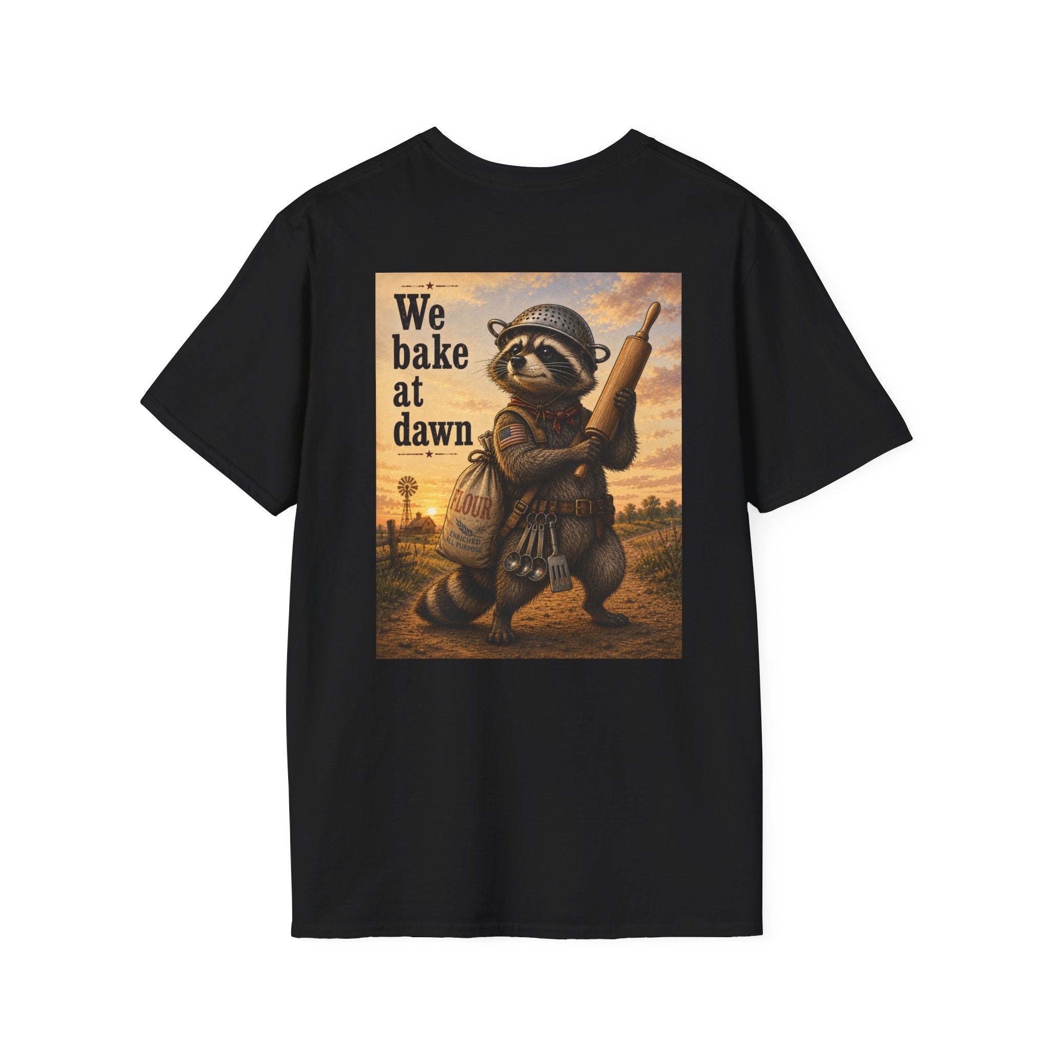 Baker Raccoon T-Shirt — "We Bake at Dawn" Vintage Bakery Graphic Tee