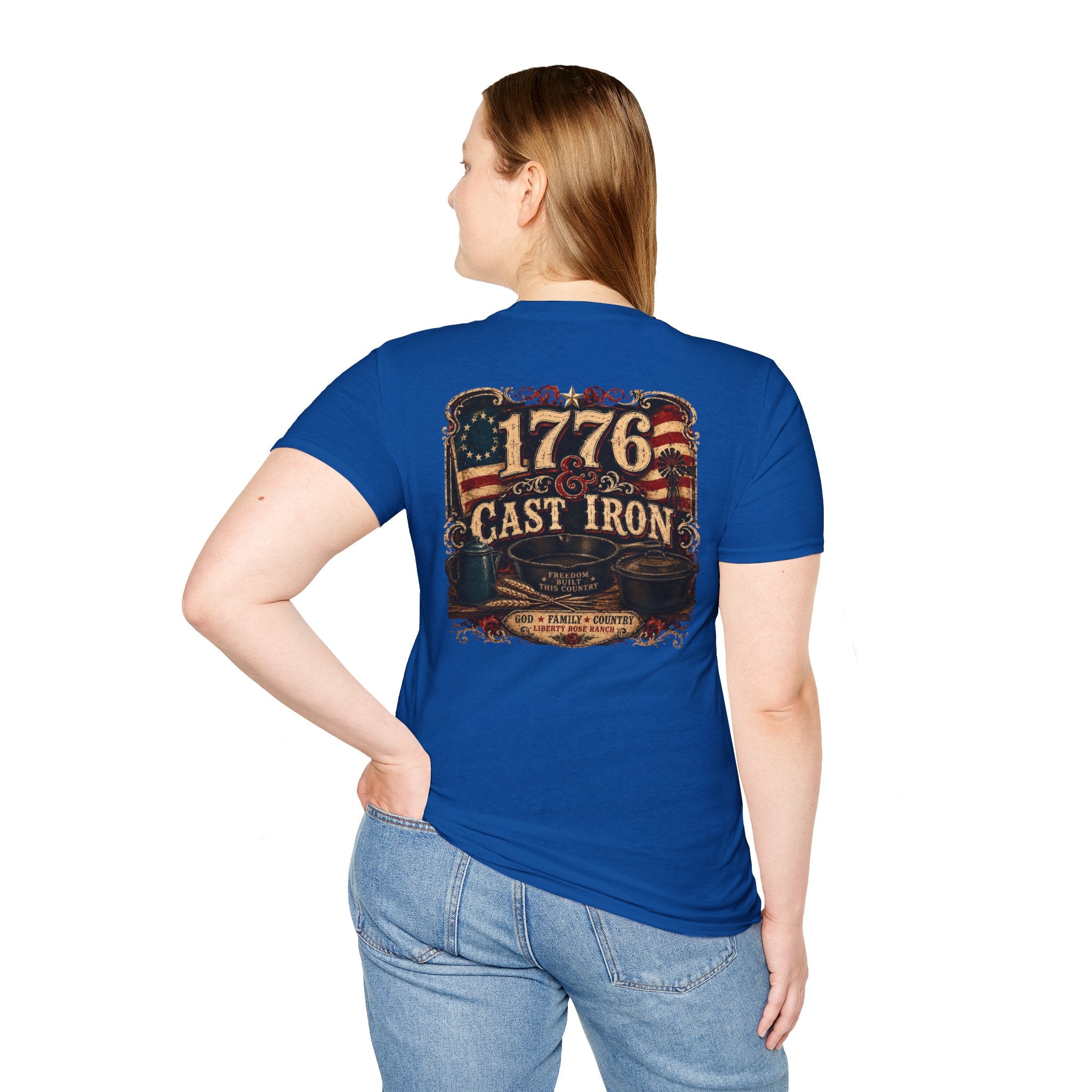 1776 Cast Iron T-Shirt – Vintage American Flag Grill/Fishing Cooking Tee