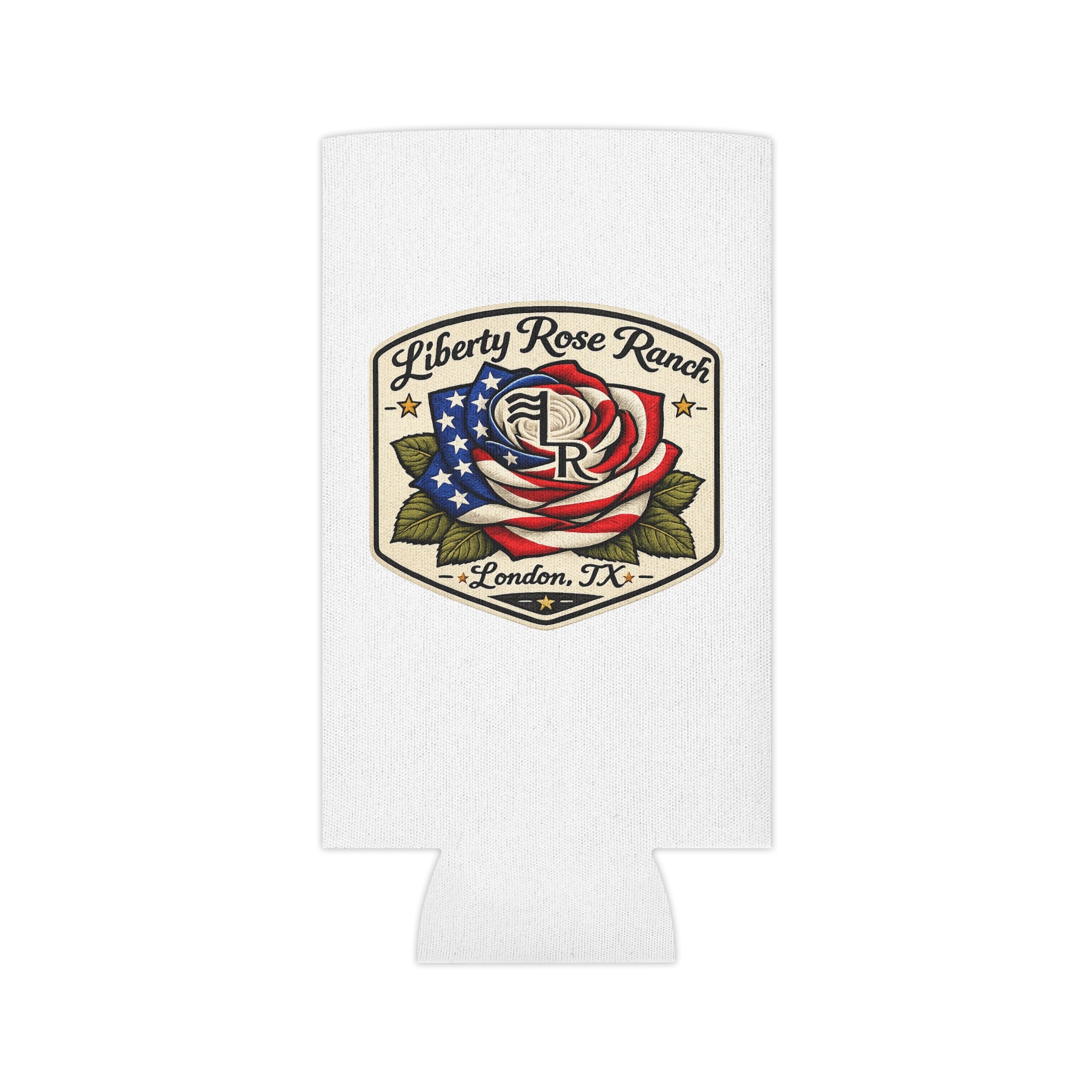 Patriotic Can Cooler — American Flag & Liberty Rose Ranch Beer Koozie