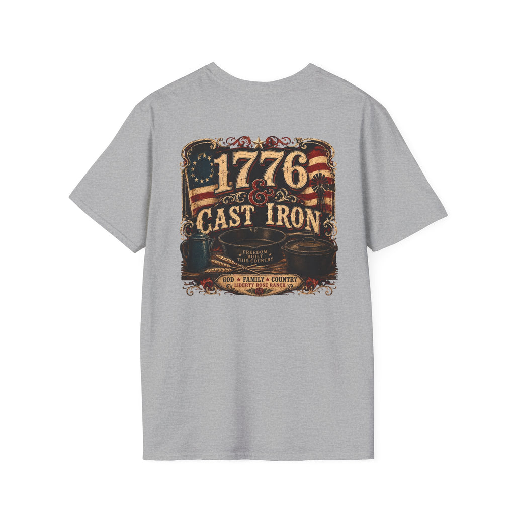 1776 Cast Iron T-Shirt – Vintage American Flag Grill/Fishing Cooking Tee