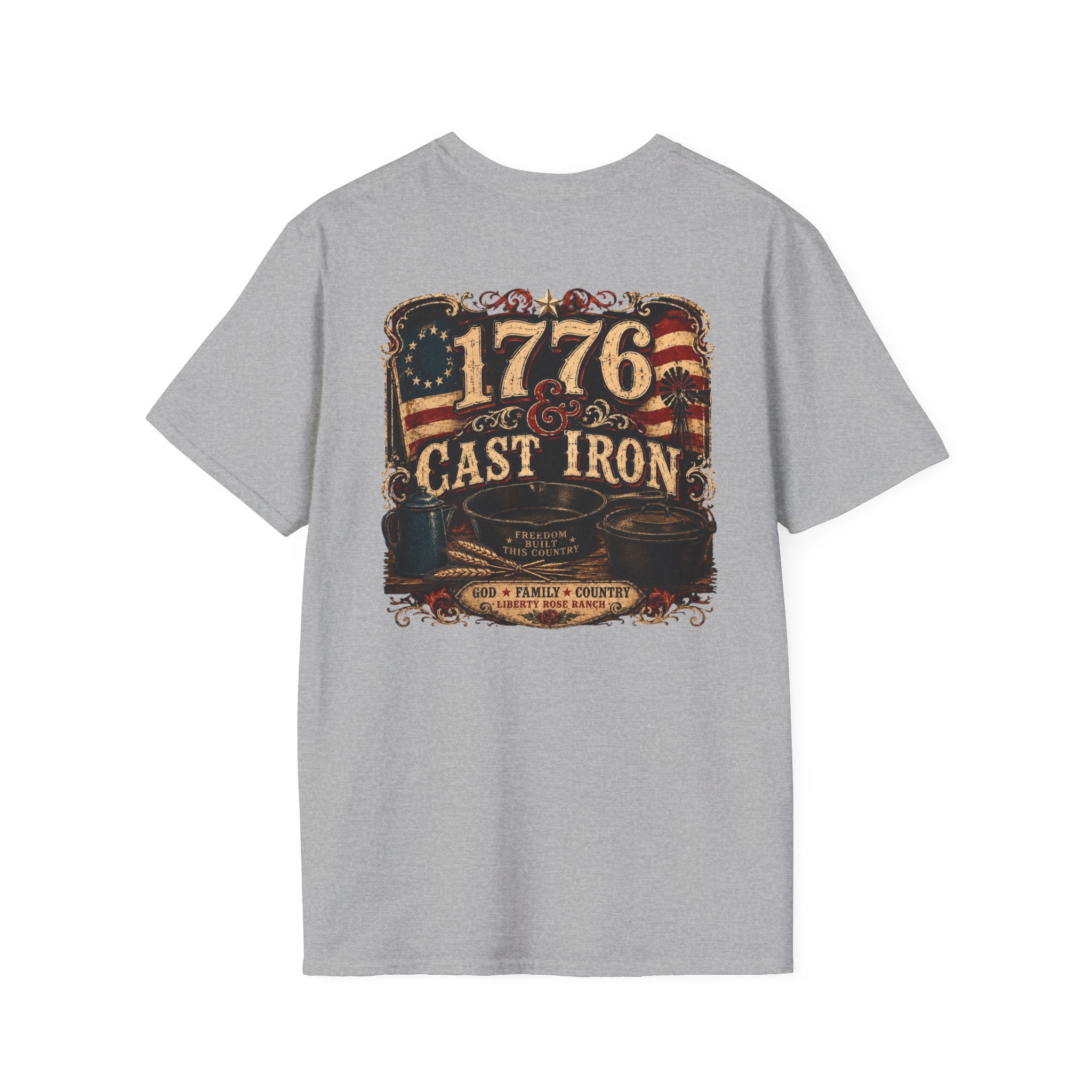 1776 Cast Iron T-Shirt – Vintage American Flag Grill/Fishing Cooking Tee