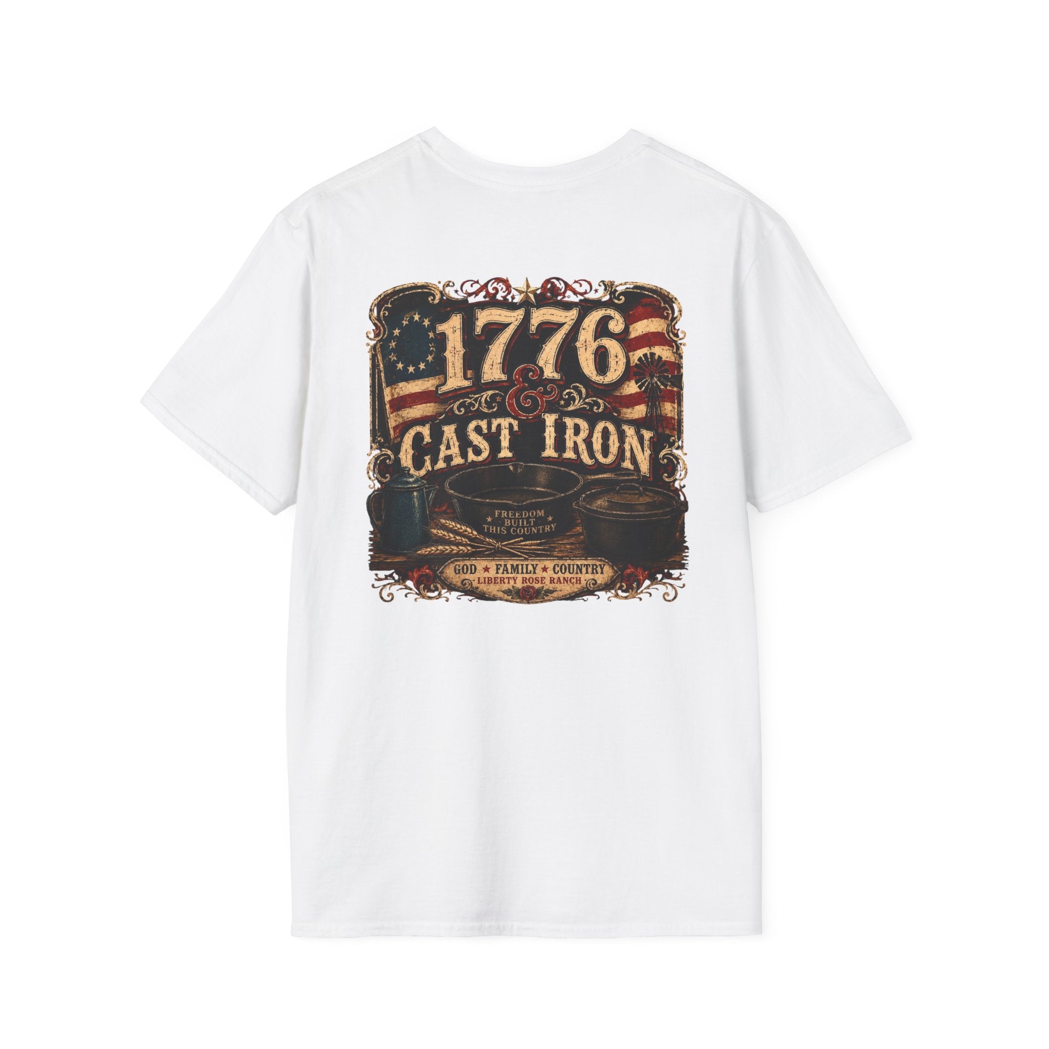 1776 Cast Iron T-Shirt – Vintage American Flag Grill/Fishing Cooking Tee