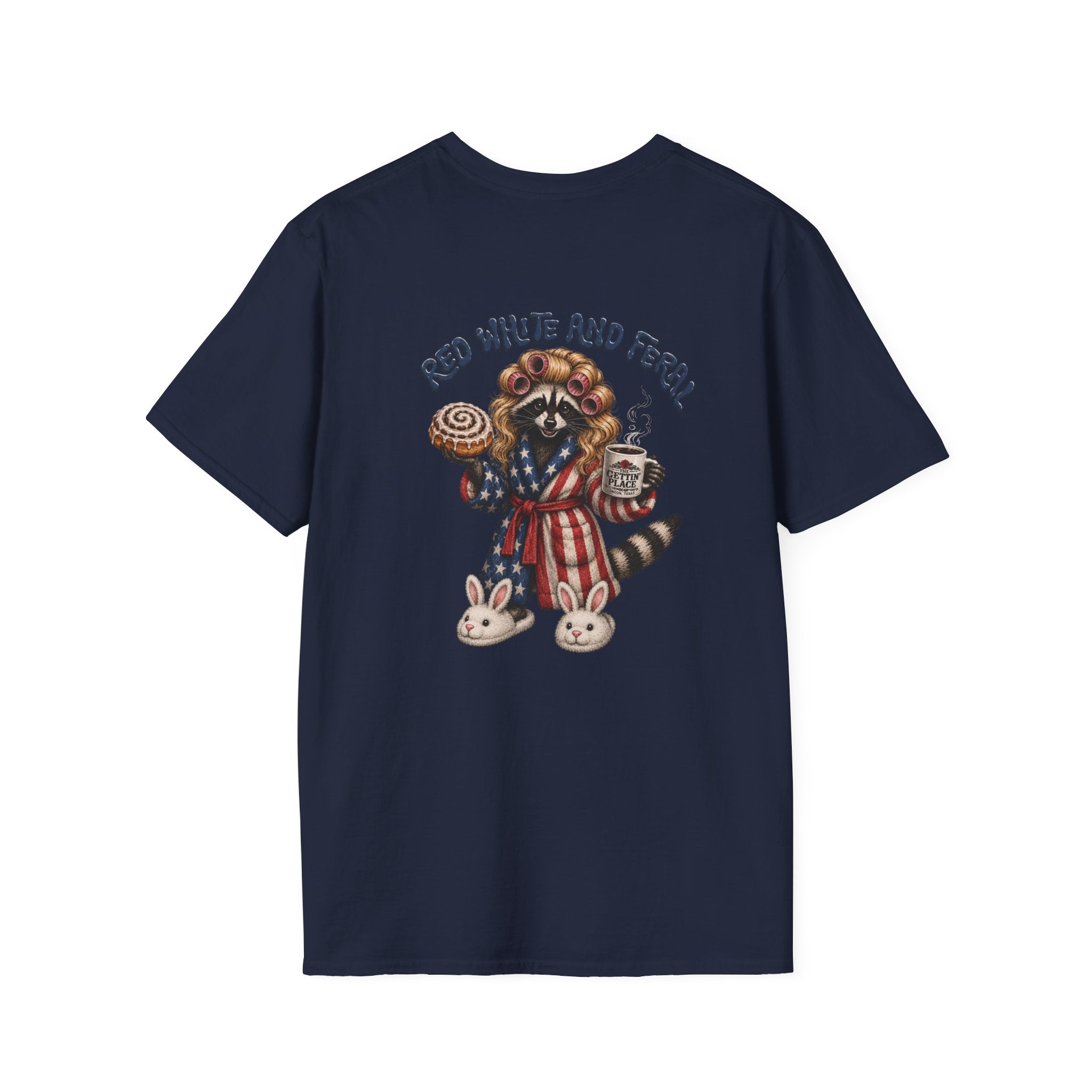 Patriotic Raccoon T-Shirt — "Red White and Feral" with Bunny Slippers, Americana Tee