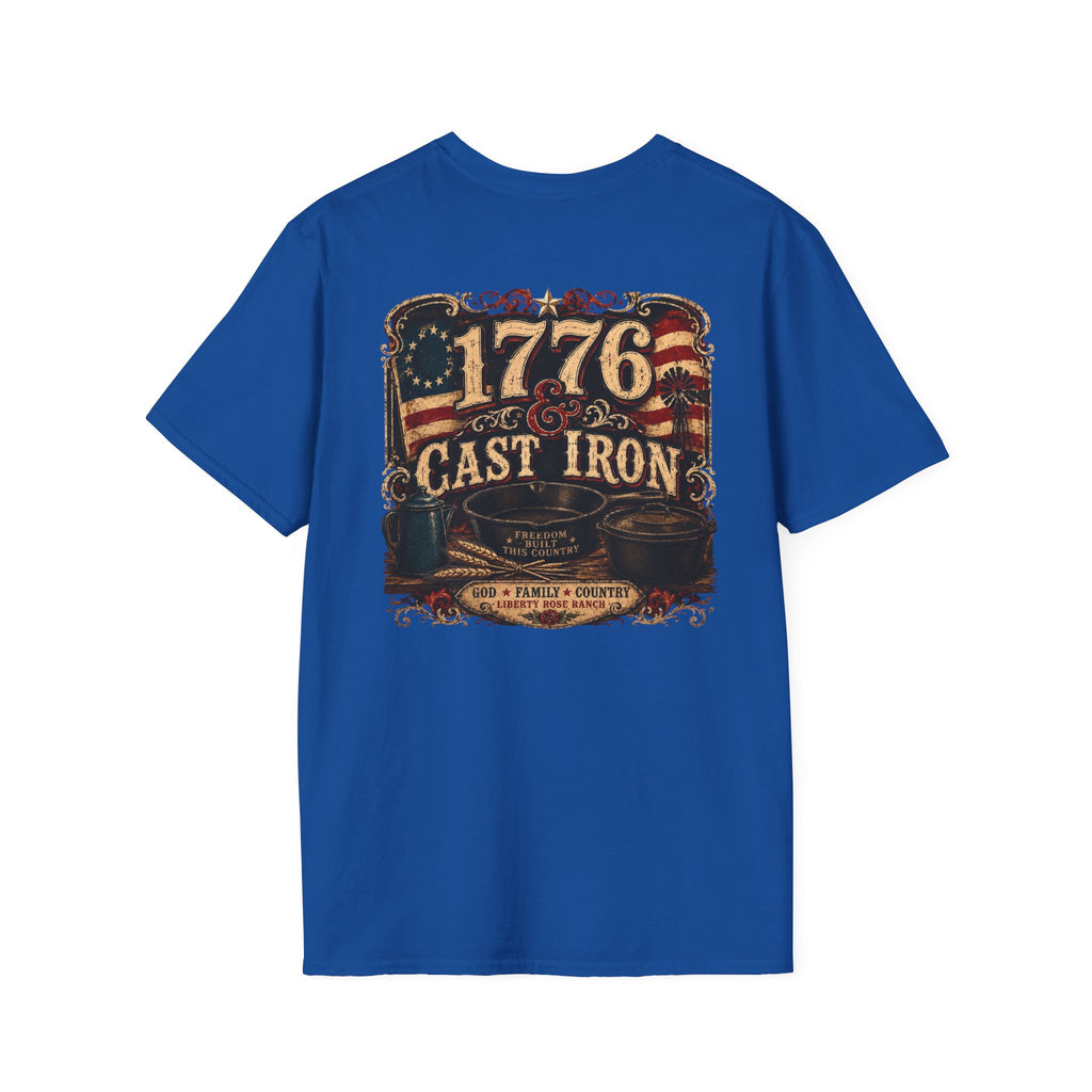 1776 Cast Iron T-Shirt – Vintage American Flag Grill/Fishing Cooking Tee