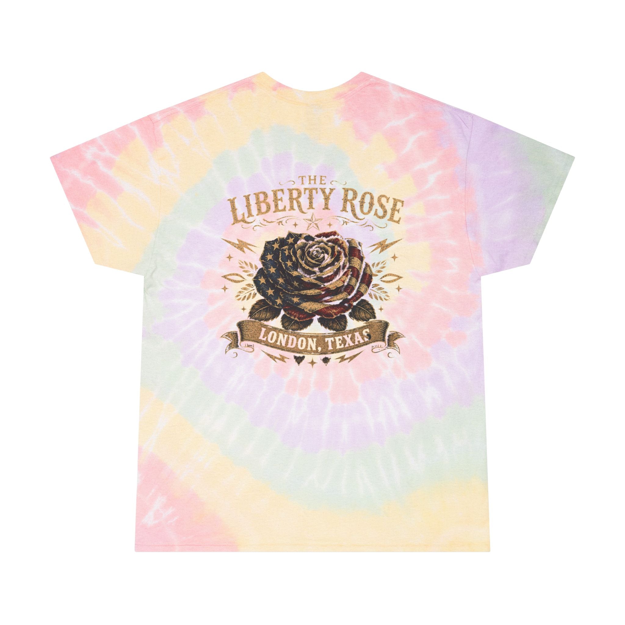 Pastel Spiral Tie-Dye Tee — "The Liberty Rose" Graphic, London TX, Dirk Collection, Souvenir