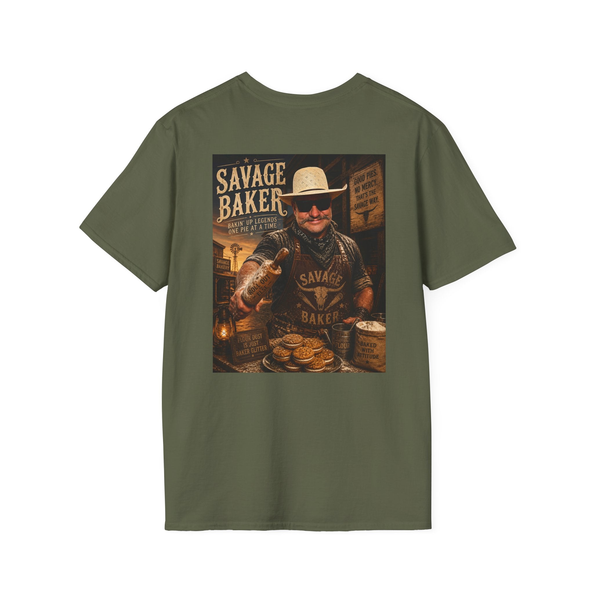 Savage Baker Western Graphic T-Shirt — Retro Bakery Logo & Vintage Chef Poster Tee