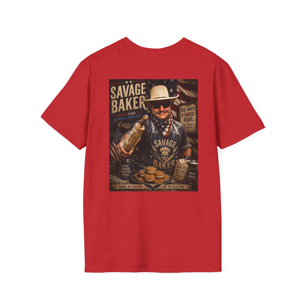 T-Shirt — Savage Baker Patriotic Retro Logo Tee (front chest patch & back graphic)