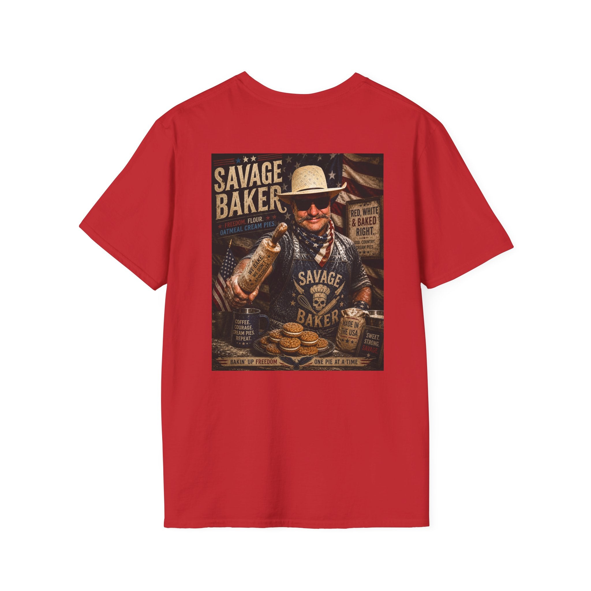 T-Shirt — Savage Baker Patriotic Retro Logo Tee (front chest patch & back graphic)