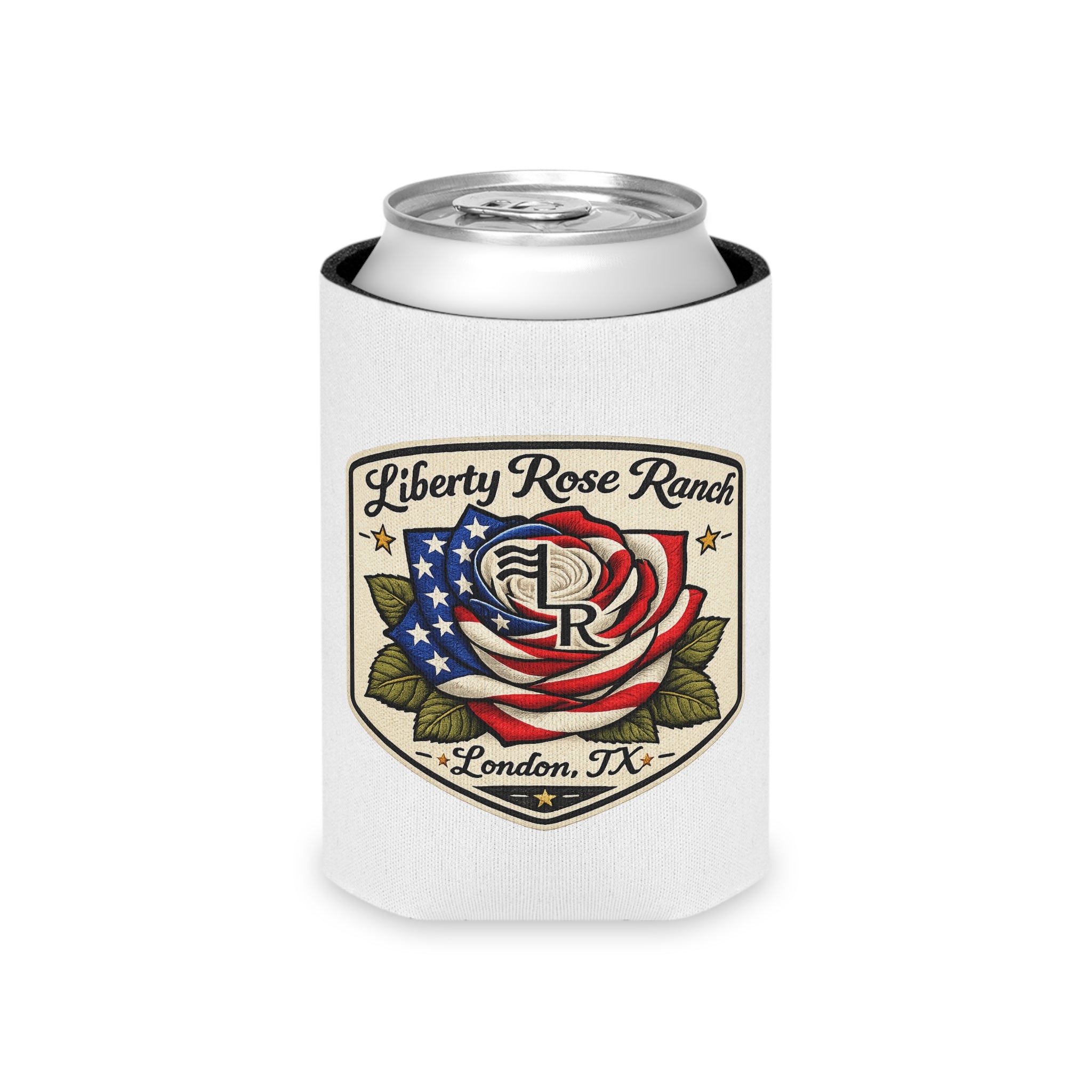 Patriotic Can Cooler — American Flag & Liberty Rose Ranch Beer Koozie