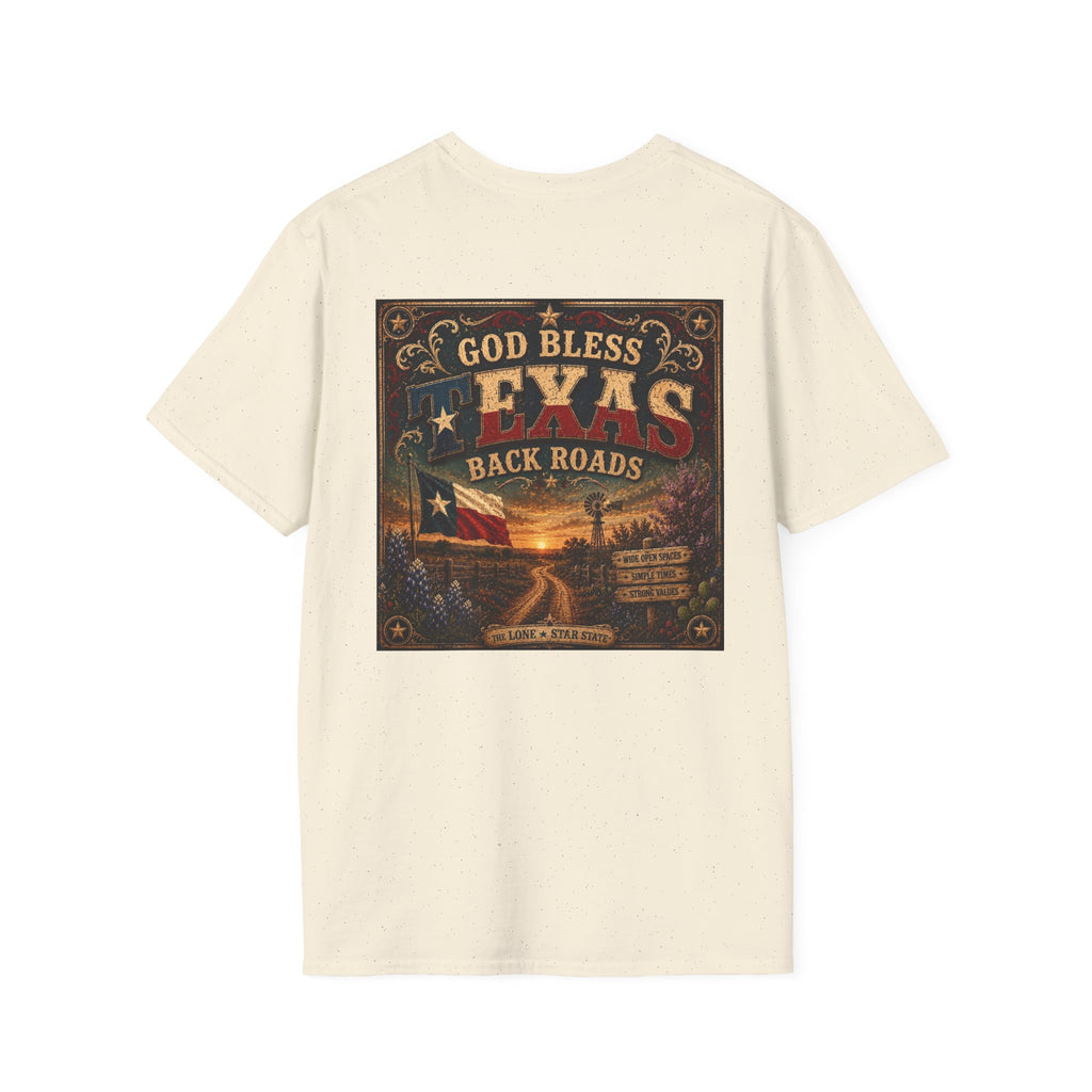 Texas Back Roads T-Shirt — "God Bless Texas Backroads" Vintage Sunset Graphic. Liberty Rose Ranch