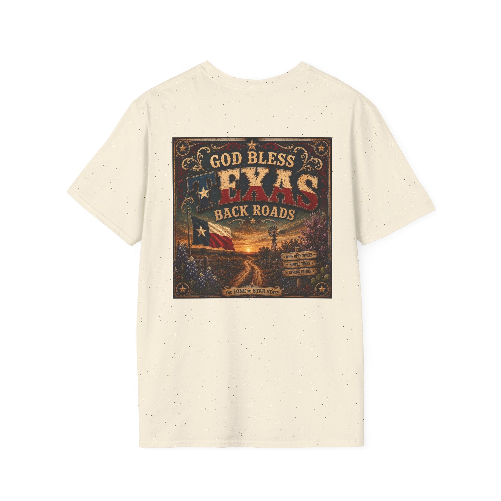 Texas Back Roads T-Shirt — "God Bless Texas Backroads" Vintage Sunset Graphic. Liberty Rose Ranch