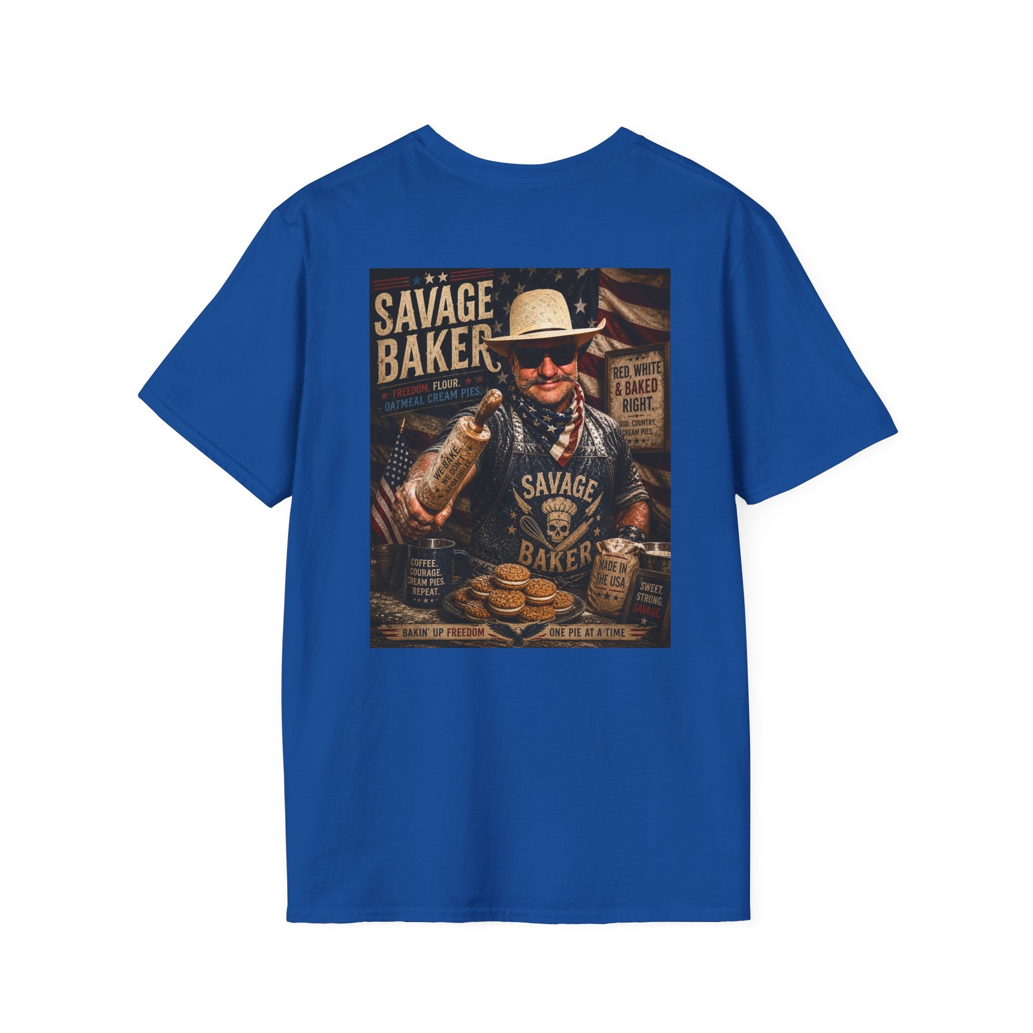 T-Shirt — Savage Baker Patriotic Retro Logo Tee (front chest patch & back graphic)