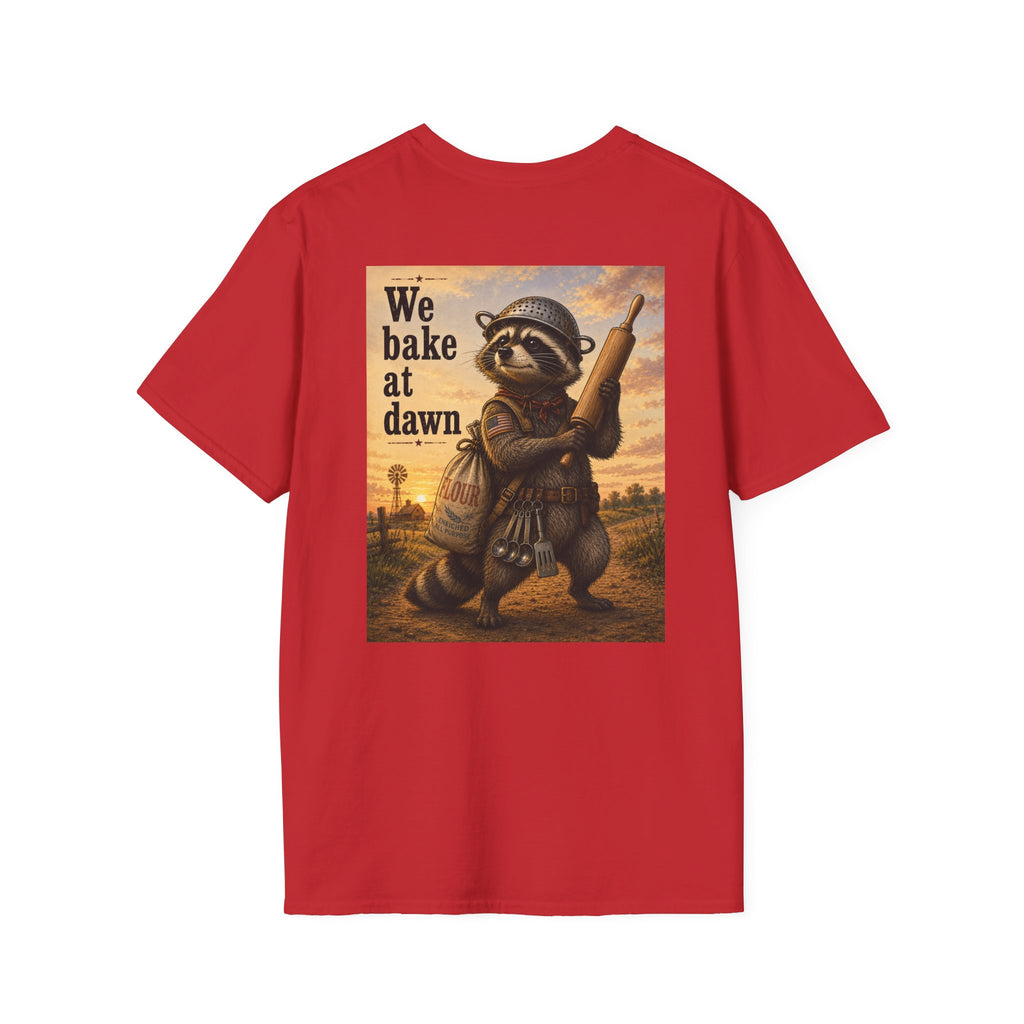 Baker Raccoon T-Shirt — "We Bake at Dawn" Vintage Bakery Graphic Tee