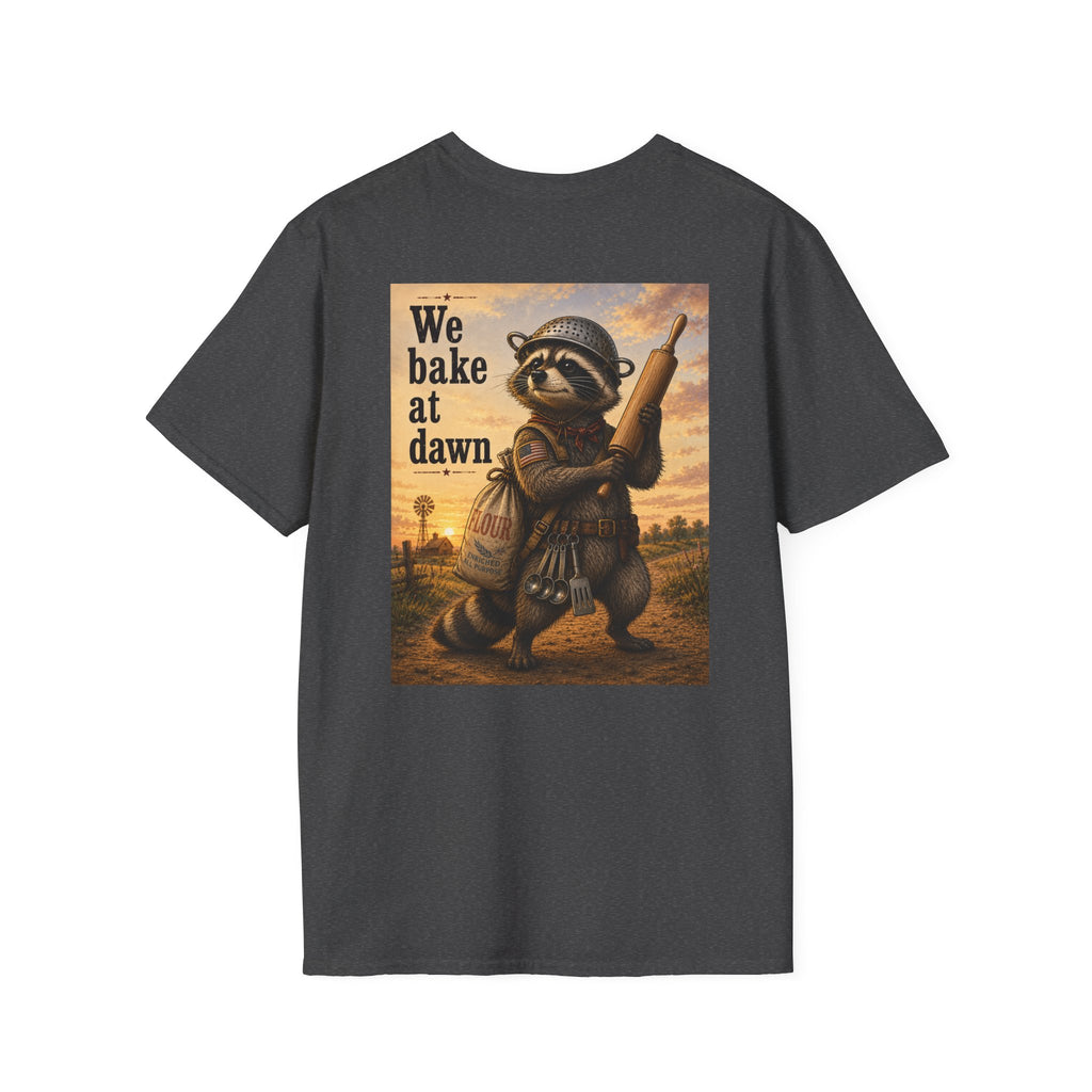Baker Raccoon T-Shirt — "We Bake at Dawn" Vintage Bakery Graphic Tee