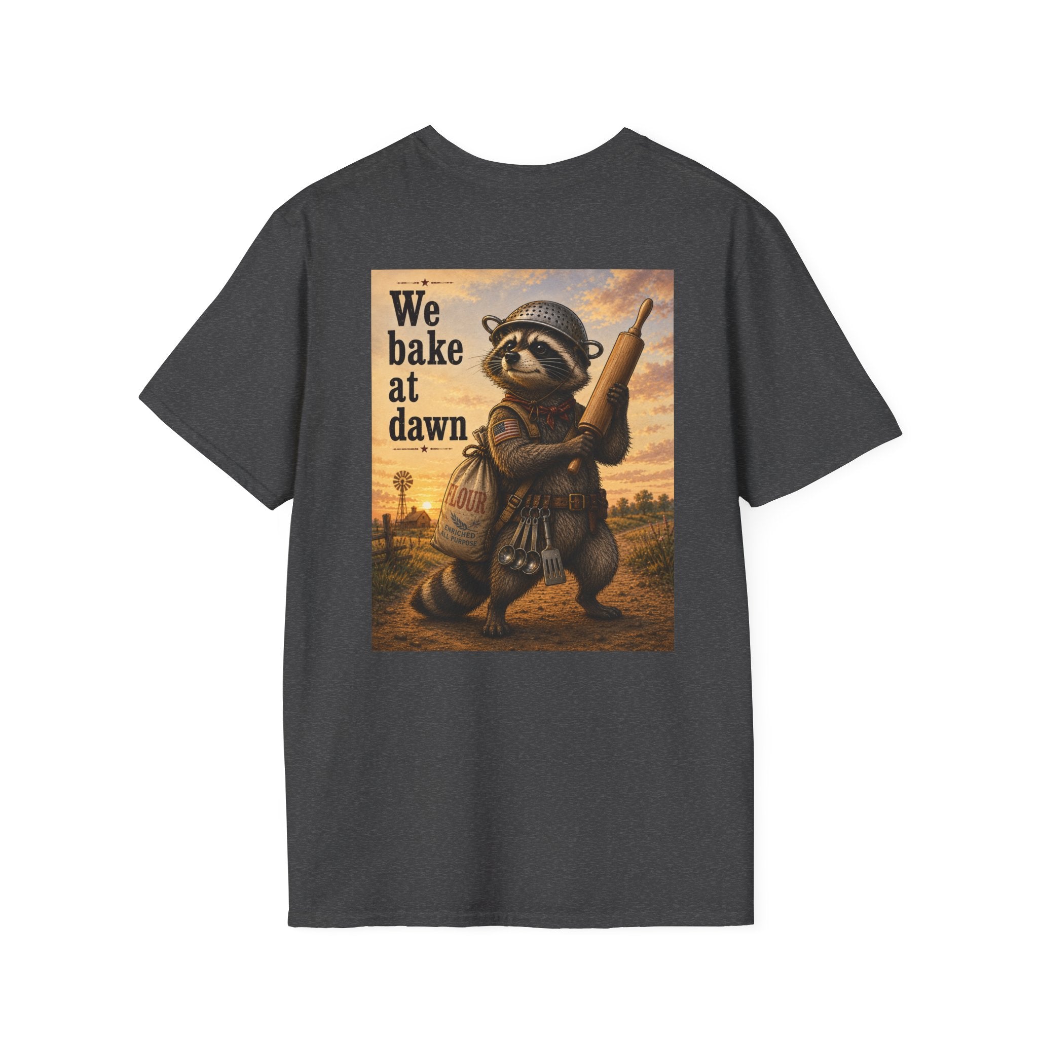 Baker Raccoon T-Shirt — "We Bake at Dawn" Vintage Bakery Graphic Tee