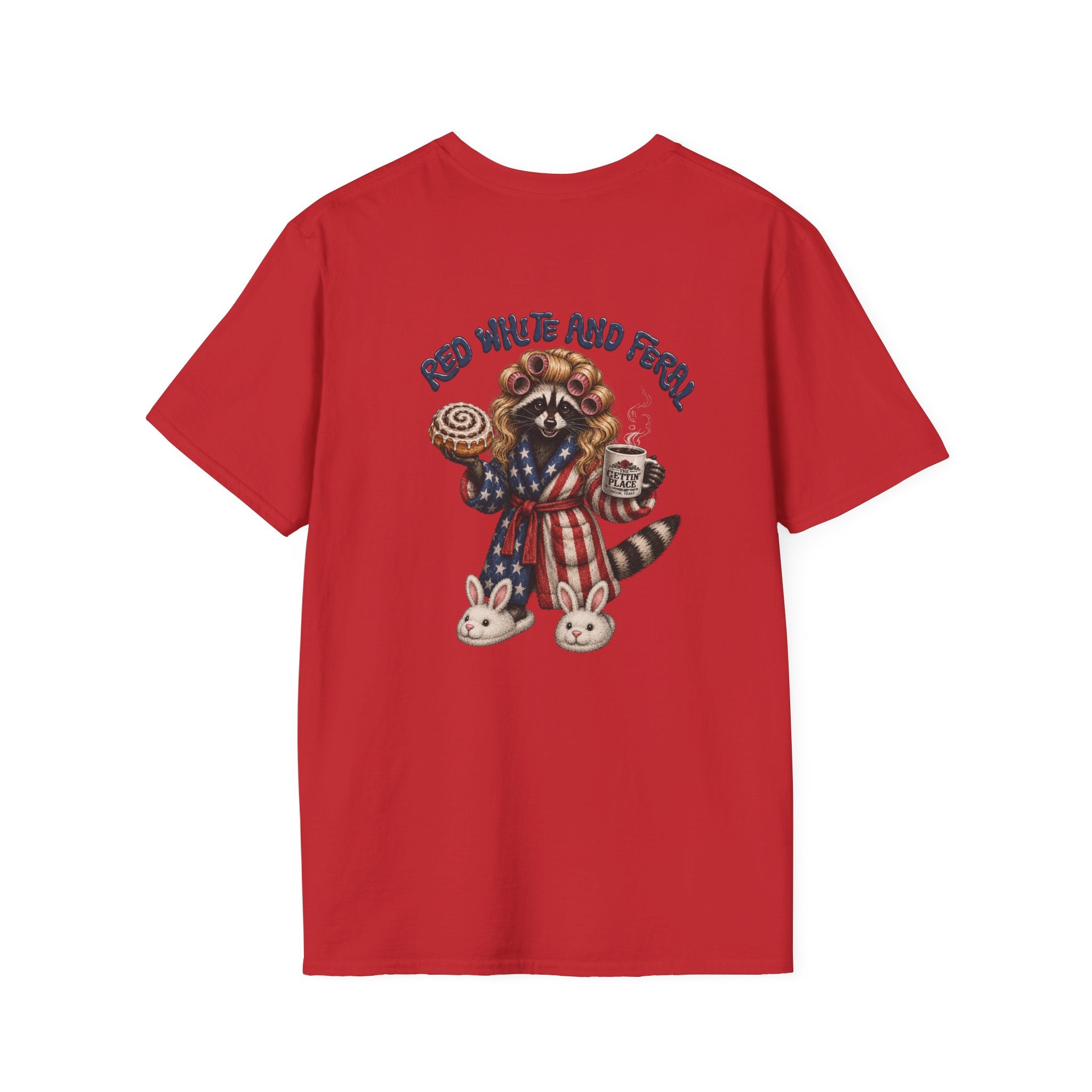 Patriotic Raccoon T-Shirt — "Red White and Feral" with Bunny Slippers, Americana Tee
