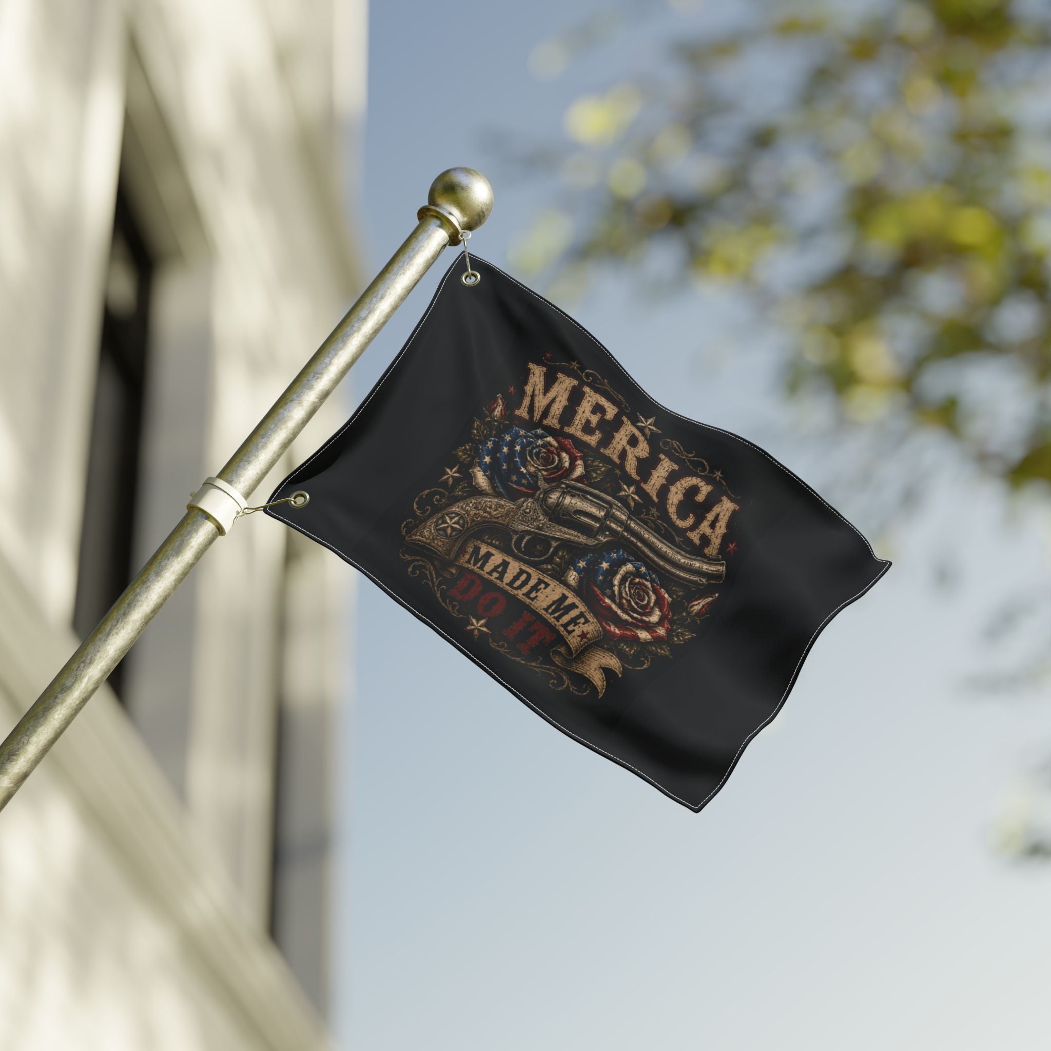 'Merica Made Me Do It' Double-Sided Flag — Patriotic Revolver Design