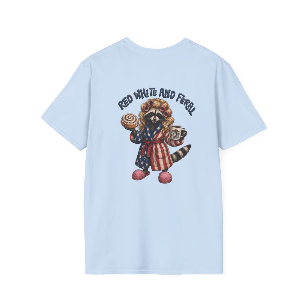 Patriotic Raccoon T-Shirt – "Red White and Ferrel" Pink Fuzzy Slippers, Americana Graphic Tee