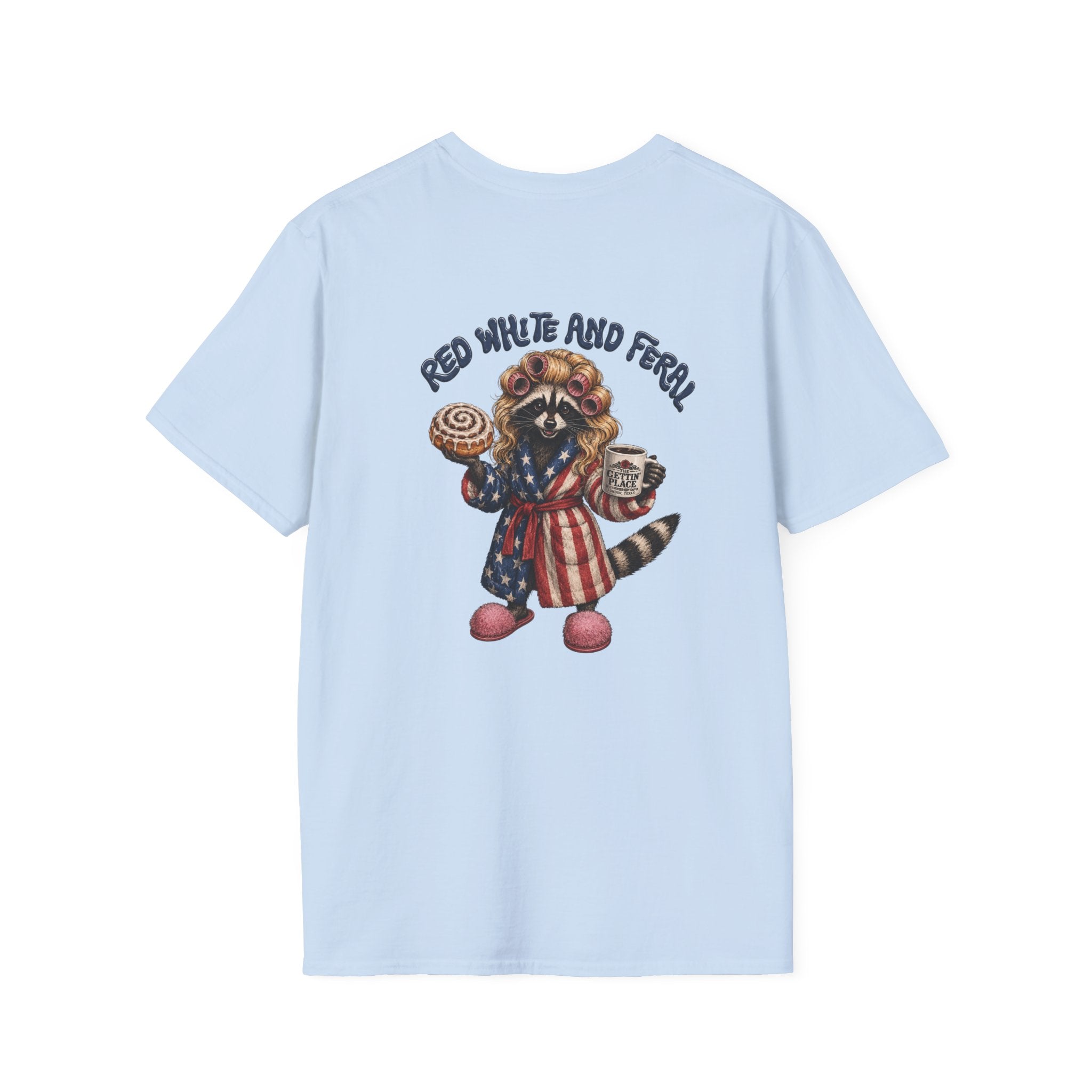 Patriotic Raccoon T-Shirt – "Red White and Ferrel" Pink Fuzzy Slippers, Americana Graphic Tee