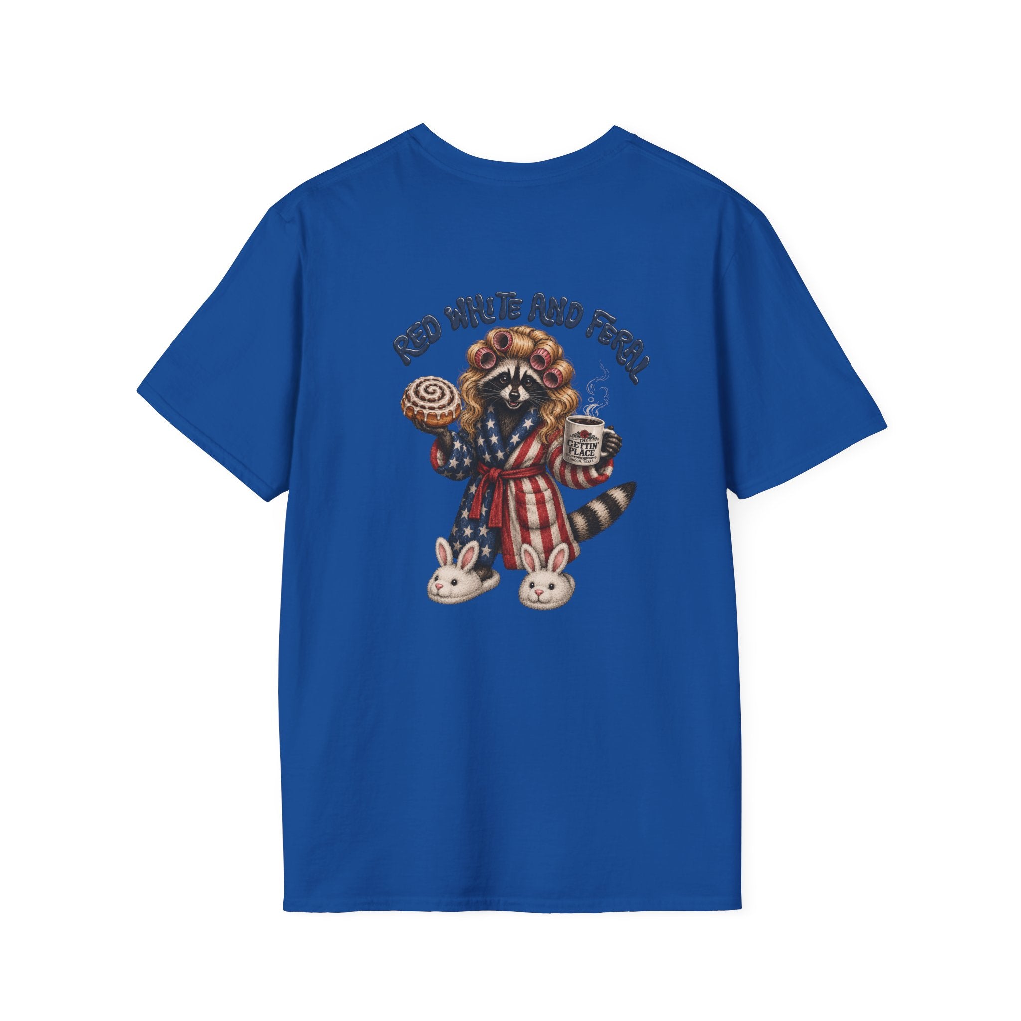 Patriotic Raccoon T-Shirt — "Red White and Feral" with Bunny Slippers, Americana Tee